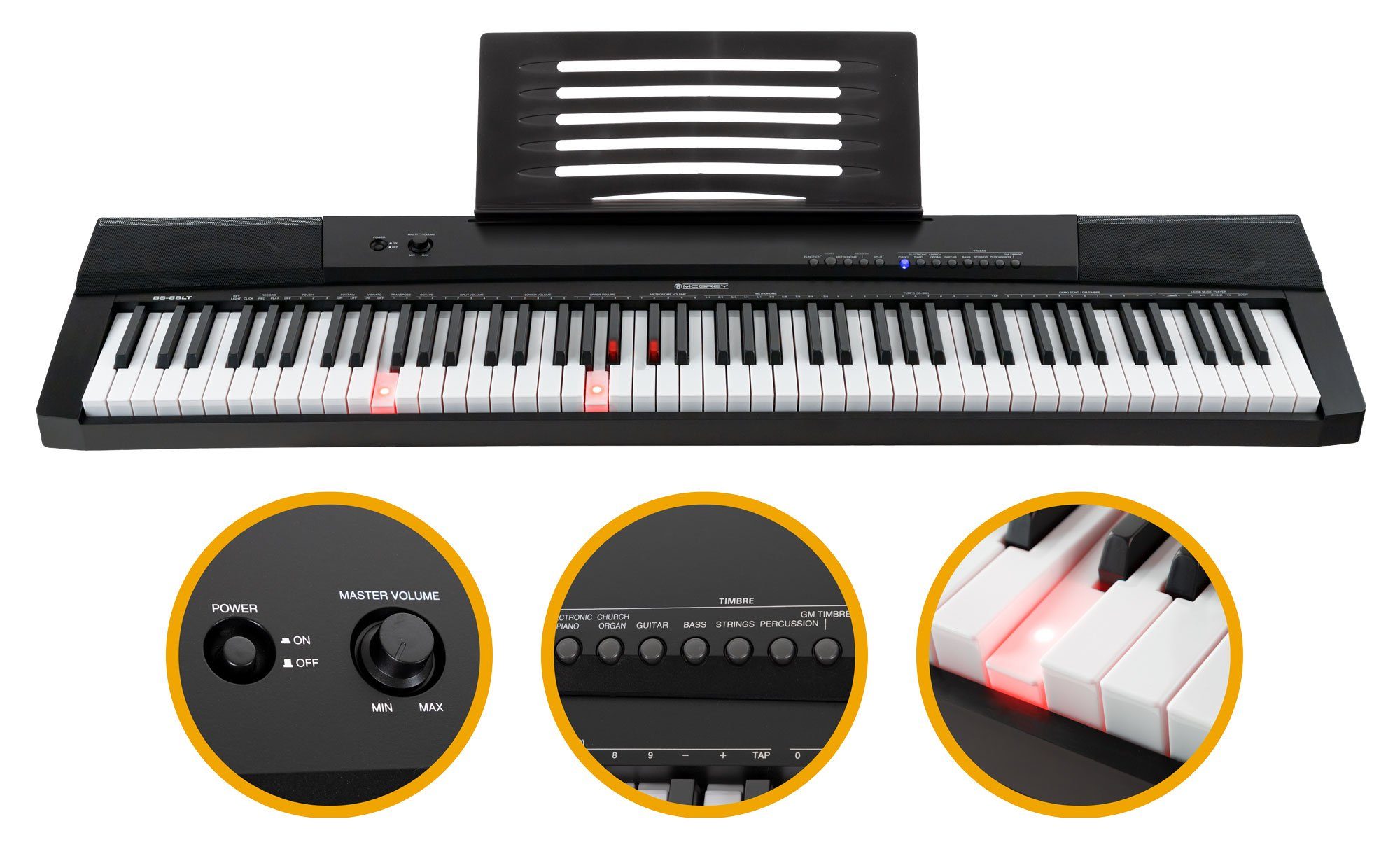 McGrey Home-Keyboard SK-88LT - 88 Leuchttasten Einsteiger-Keyboard in Stagepiano-Optik (Super Kit, 5-St., inkl. Sustain-Pedal, Keyboardständer, Hocker und Kopfhörer), 146 Sounds, USB to Host Aufnahme-, Split-, Dual- und Twinova-Funktion