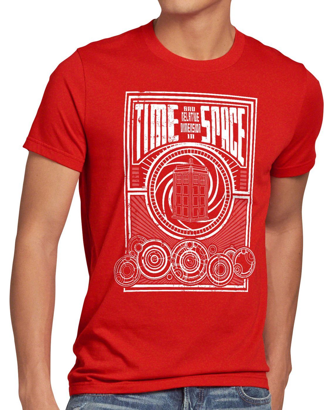 style3 Print-Shirt Herren T-Shirt Time meets Space zeitreise timelord notrufzelle rot