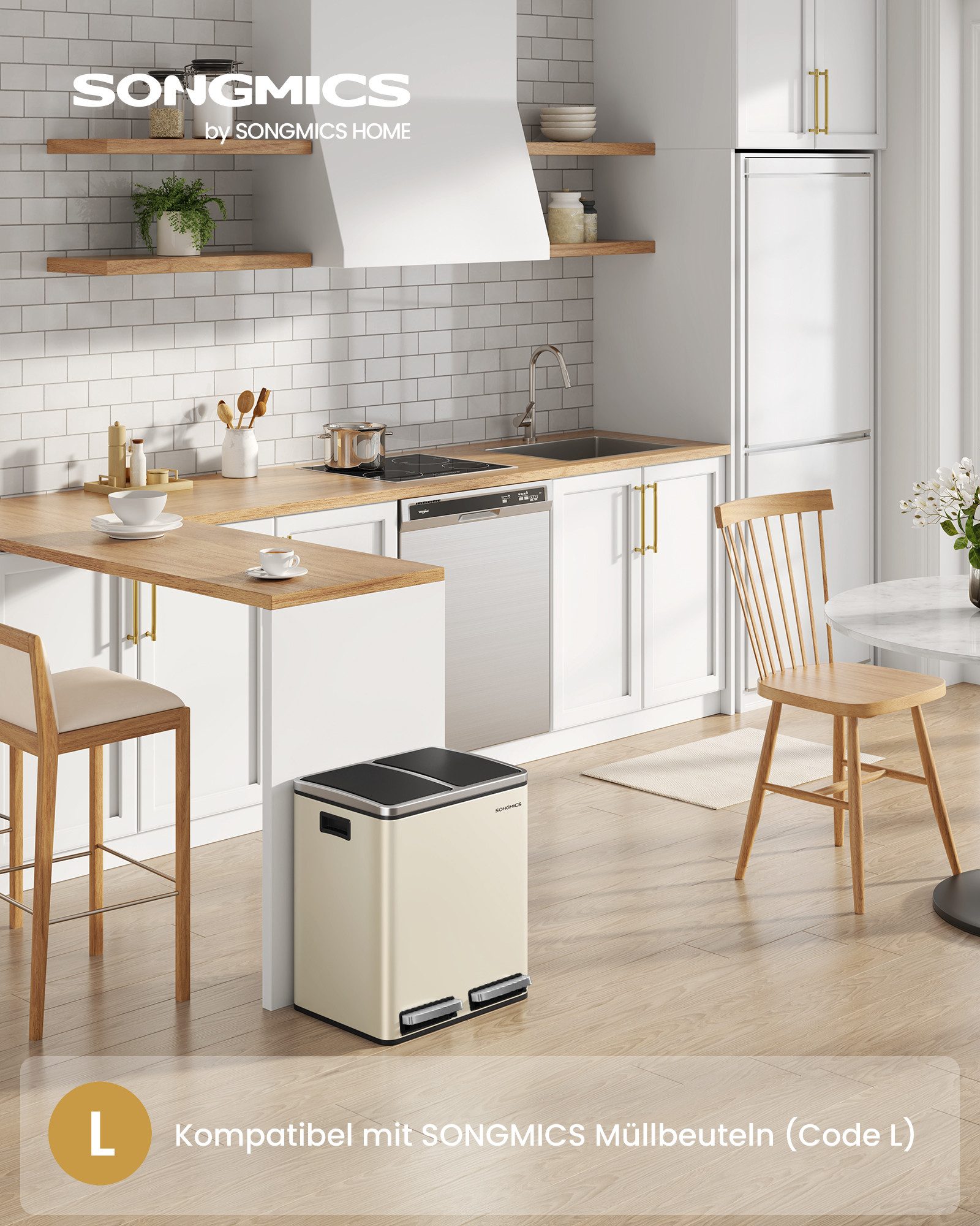 SONGMICS Mülleimer Mülltrennsystem 2x15L 2x30L, Abfalleimer, 30L 60L, ergonomisch, Stahl, Metall-Fußreling