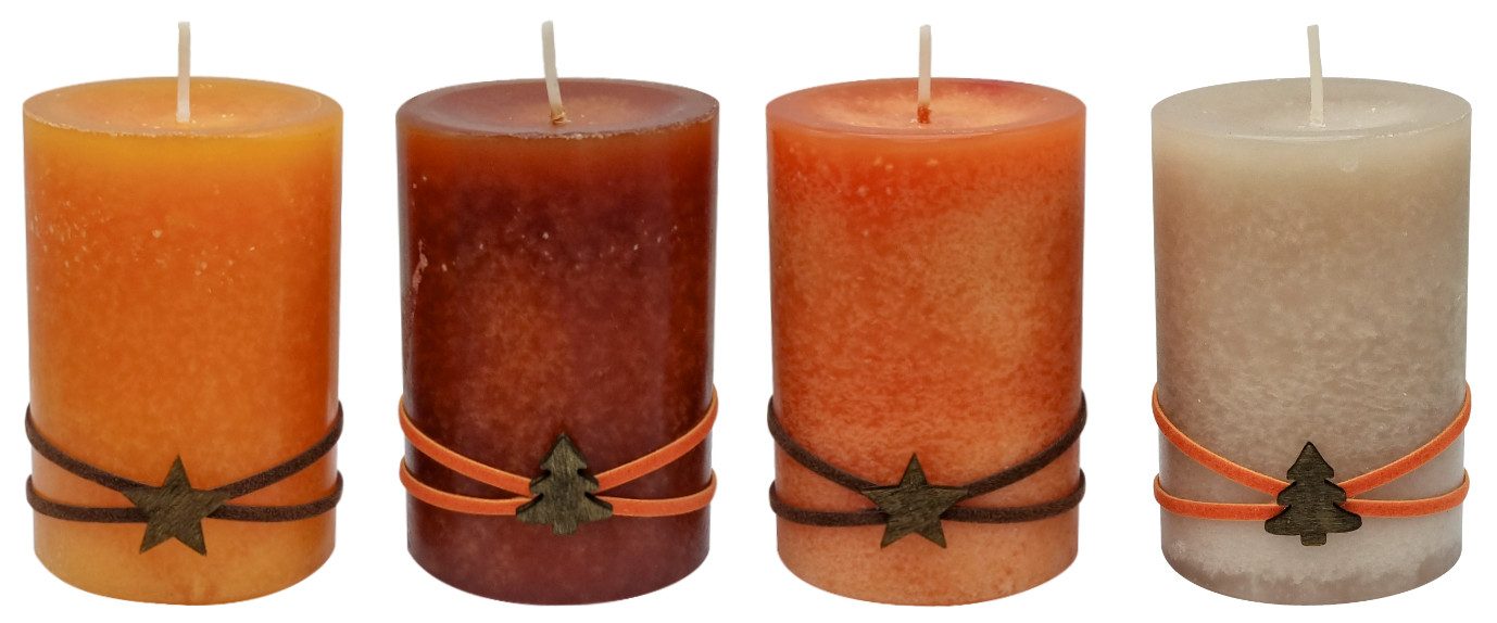 ZauberDeko Adventskerze Adventskerzen Stumpenkerzen Orange Beige Baum Stern Braun 9x6cm 4 Stk