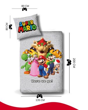 Bettwäsche Super Mario 135x200 + 80x80 cm, 100 % Baumwolle, MTOnlinehandel, Flanell, 2 teilig, lizenzierte Nintendo Biber Bettwäsche für Kinder & Teenager