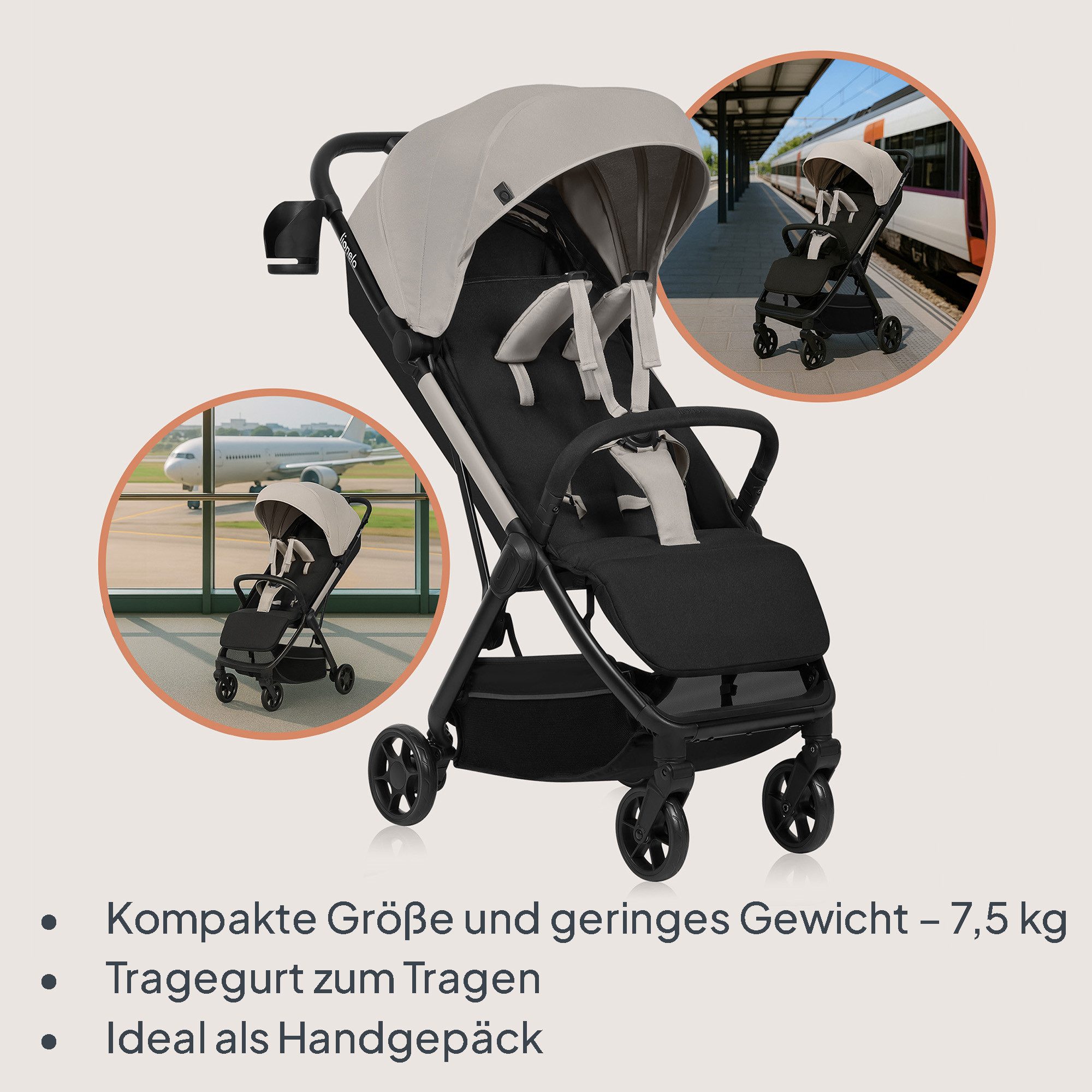 lionelo Kinder-Buggy JULIE AIR, (Set mit Becherhalter und Tragegurt für den Transport auf der Schulter), Auto-folding/Ultraleicht/UPF50+/Liegeposition/360°Rader
