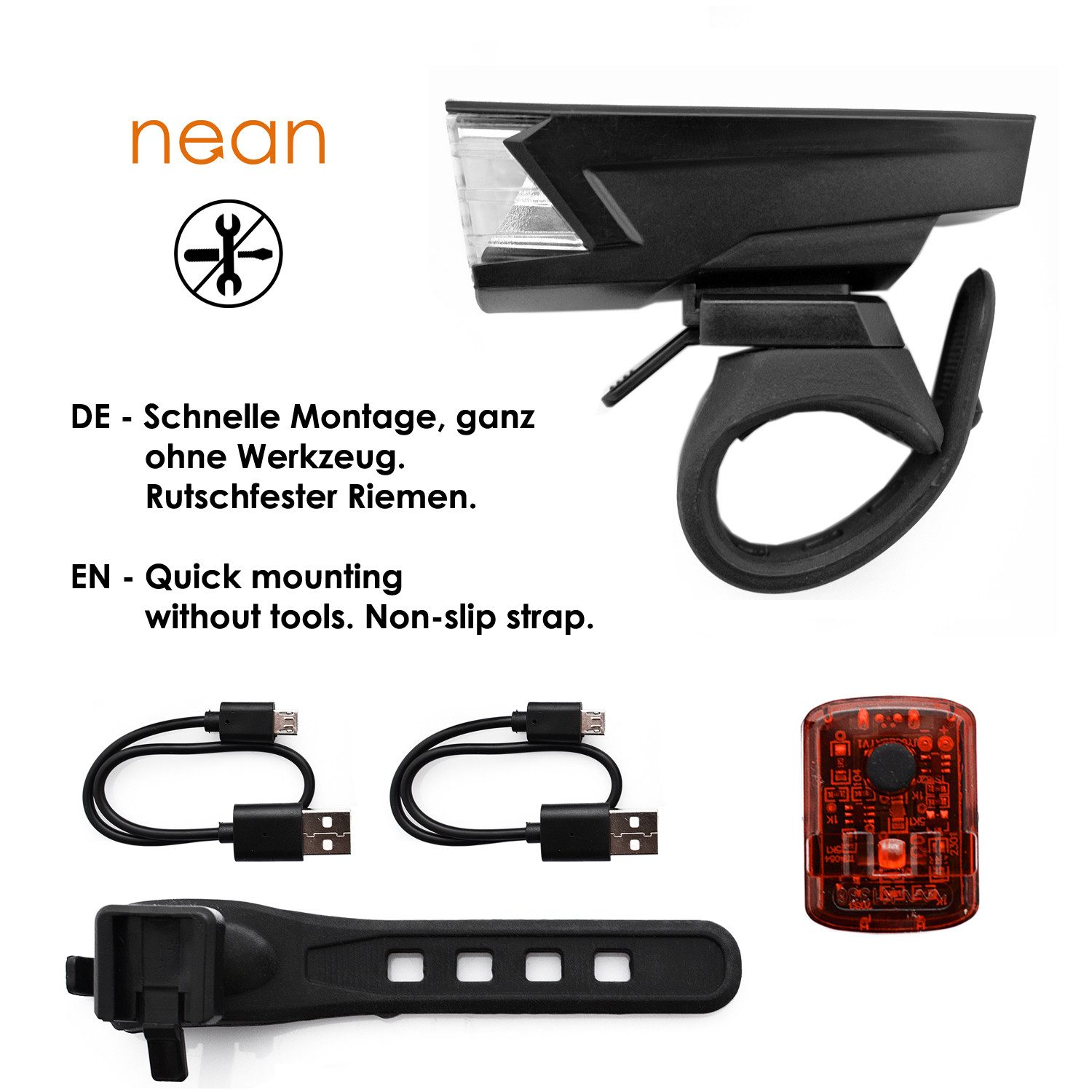 nean Fahrradbeleuchtung Set mit Akku und StVZO-Zulassung 30 LUX 5 Candela, mit 2 Helligkeitsstufen und USB-Ladebuchsen, abnehmbar