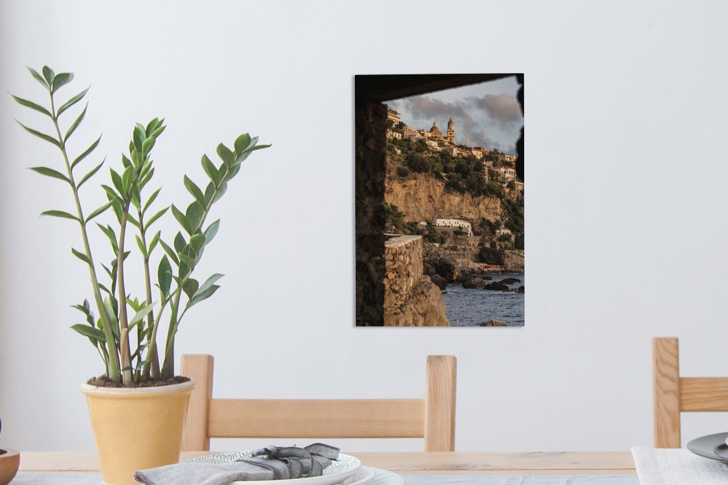 cm inkl. einem 20x30 OneMillionCanvasses® St), Steinfenster Zackenaufhänger, das fertig italienische auf Praiano, Leinwandbild (1 Dorf Gemälde, bespannt aus Blick Leinwandbild