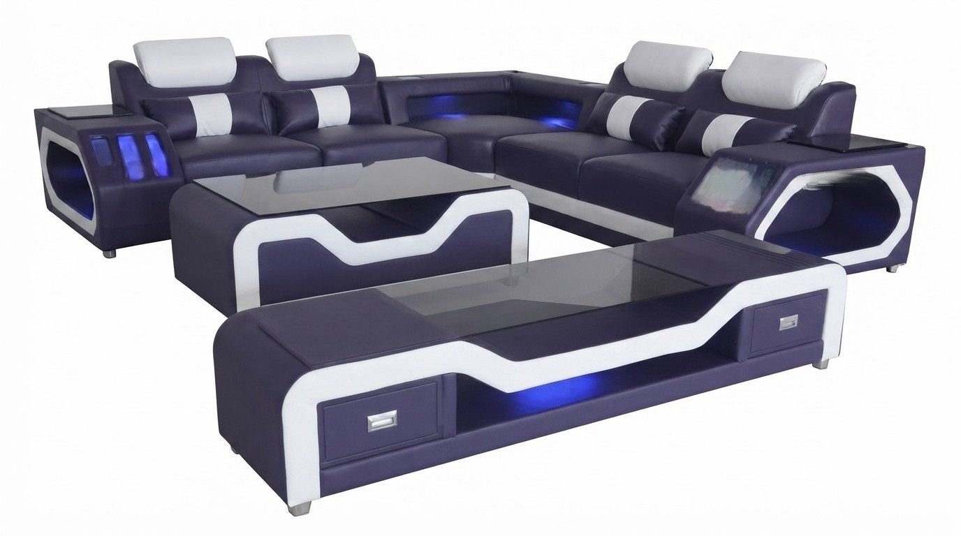 Xlmoebel Wohnlandschaft Leder Sofa Couch Eck Garnitur Moderne Wohnlandschaft mit USB + LED, Wohnlandschaft 3 Teile, Made in Europa