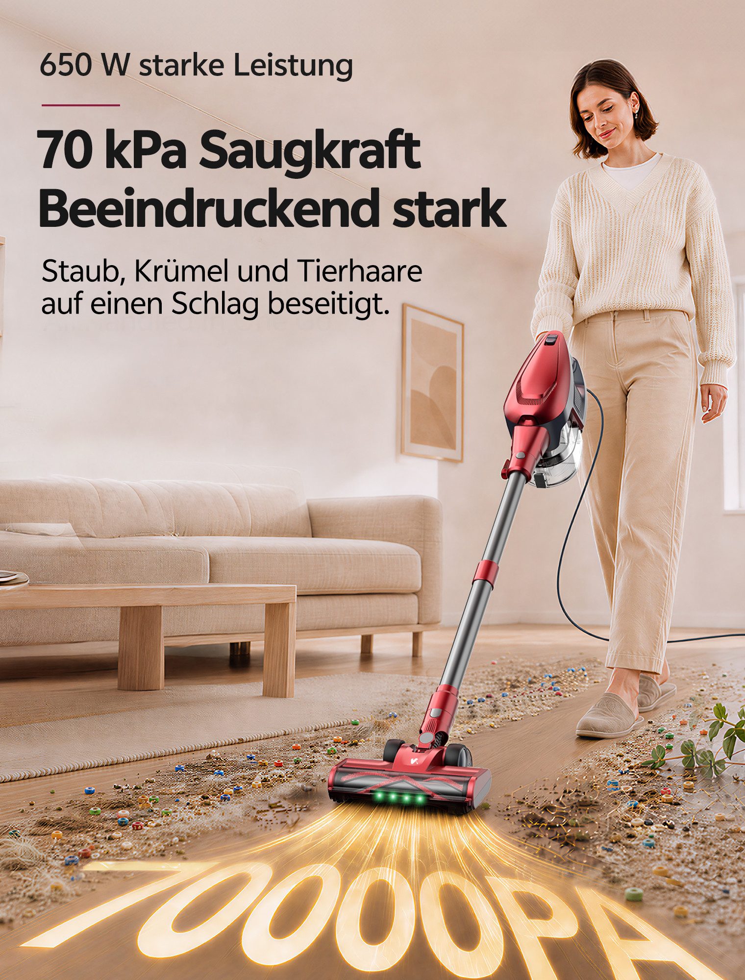 Vactidy Hand-und Stielstaubsauger C9 Staubsauger mit Kabel 7m/ 70kPa/ 650W/ 6-stufige Filterung, 650 W, beutellos, Staubsauger mit Kabel 7m/ 70kPa/ 650W/ 6-stuf – Bild 2 von 5