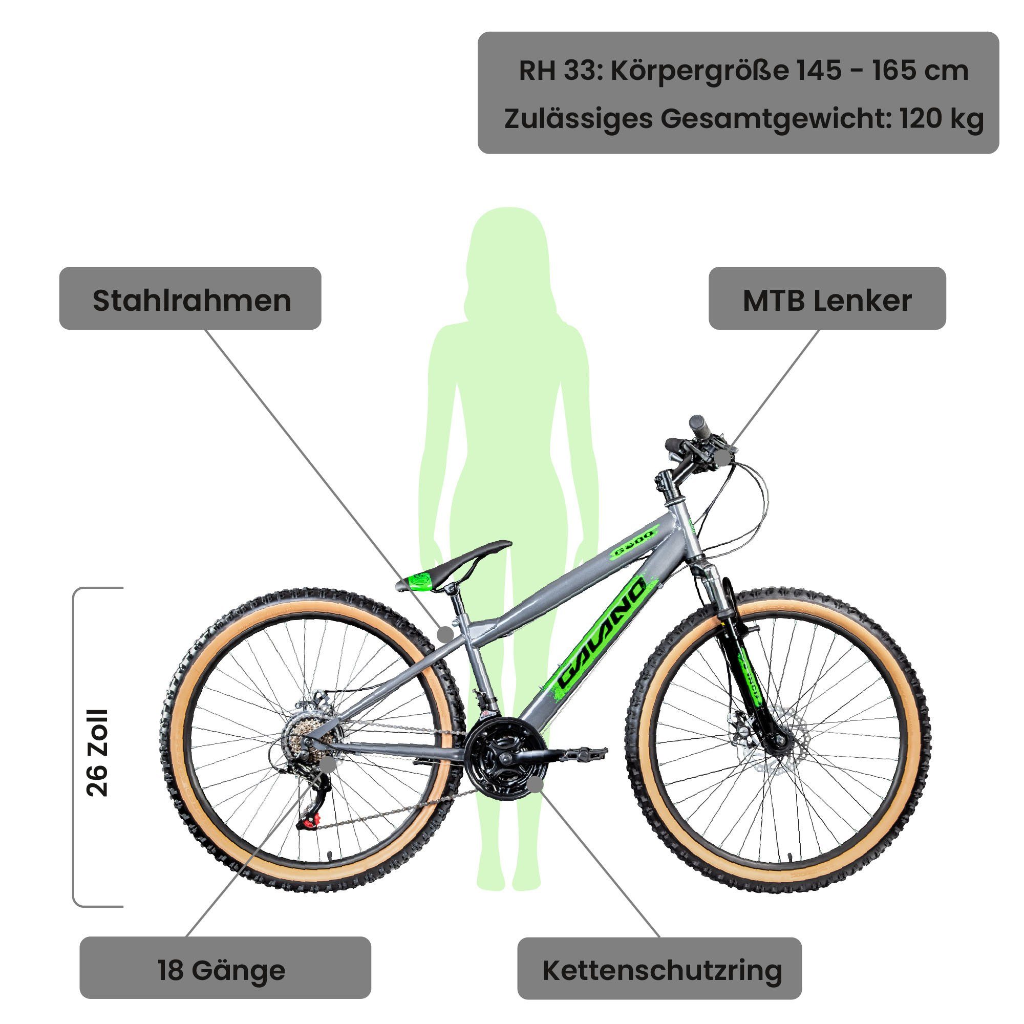 18 Erwachsene Fahrrad 145 Gang, 165 Jugendliche Zoll - Galano und Kettenschaltung, Mountainbike für Dirtbike 26 G600, grau/grün cm