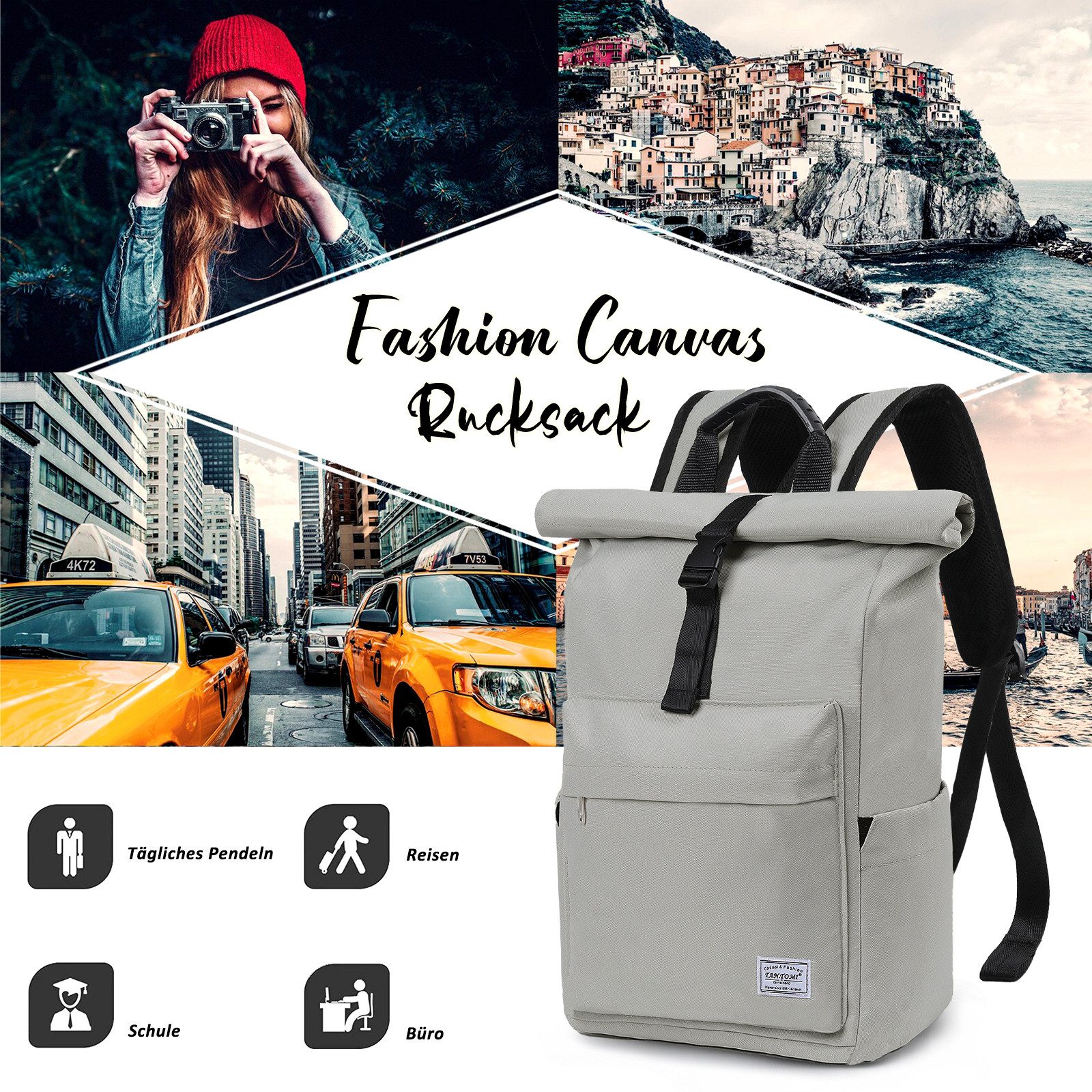 TAN.TOMI Cityrucksack Rolltop Rucksack Damen Herren, Rucksack Laptop Tasche 15,6 Zoll (Damen Herren weit öffenbar, Rolltop Rucksack wasserdicht), Backpack Daypack für Schule,Fahrradfahren,Freizeit und Reise