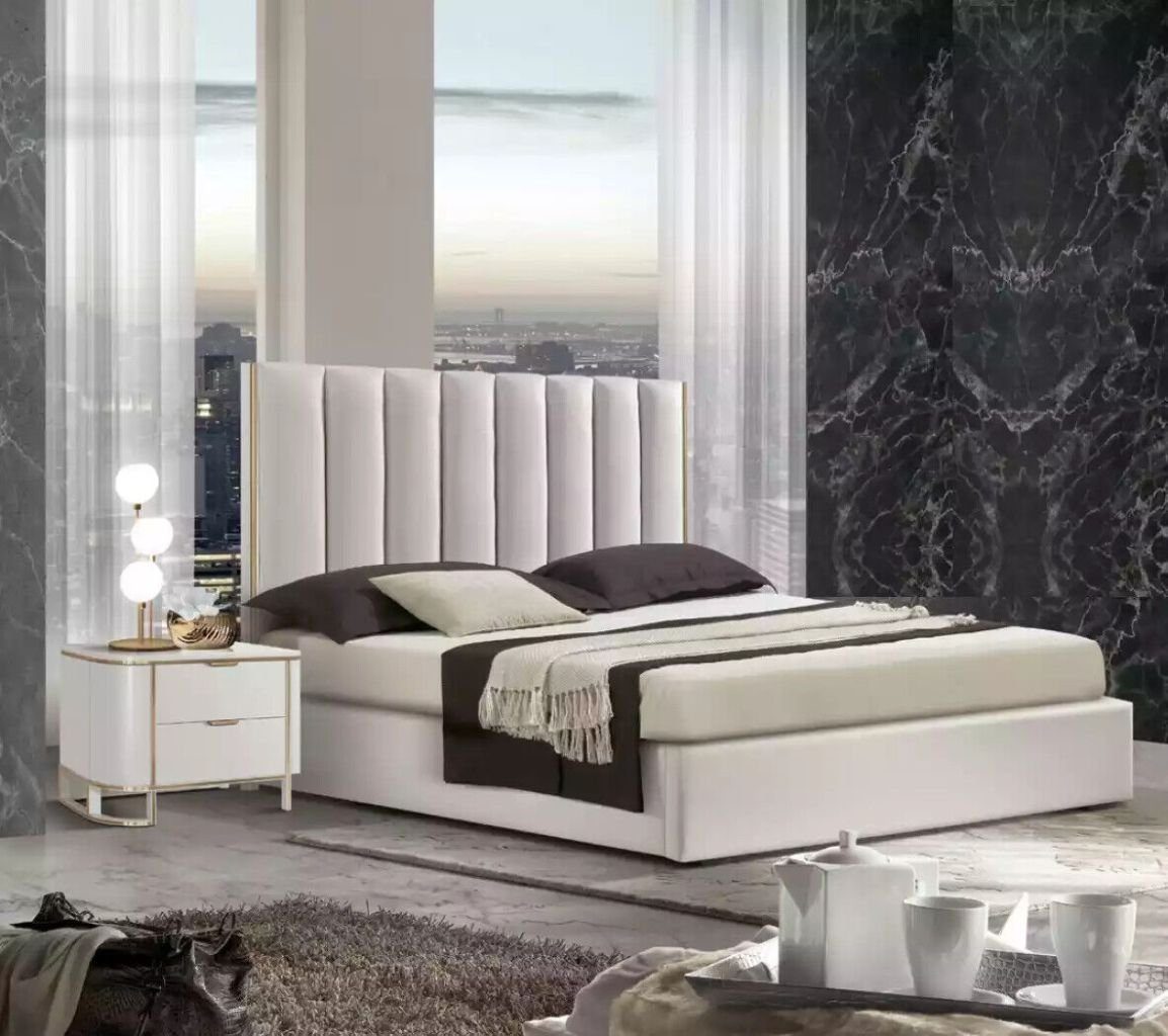neu Bett Design Set 2x in weiß Made Nachttische JVmoebel Schlafzimmer 2x Nachttische), (3-St., Schlafzimmer-Set 3tlg, + Luxus Italy 1x Bett