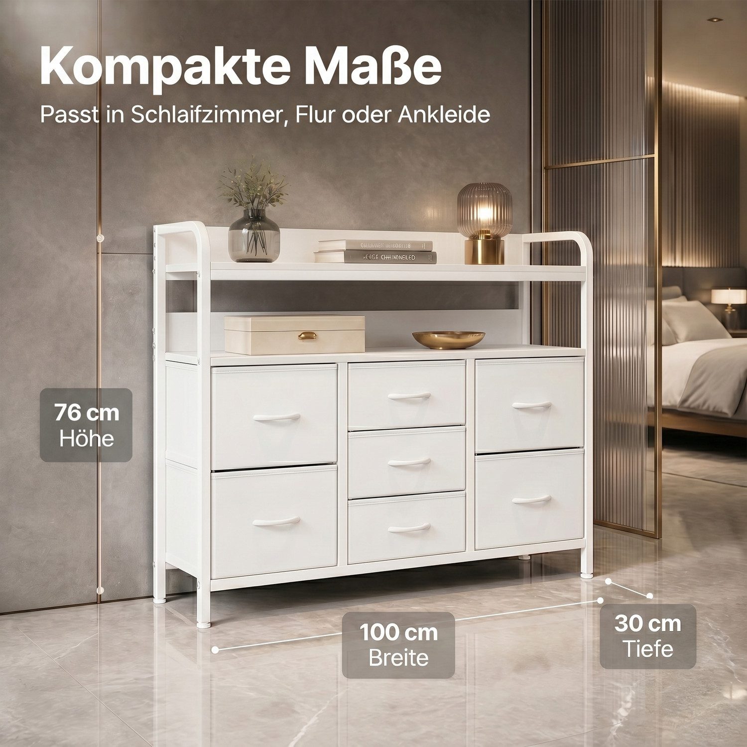 Refined Living Kommode Stoffkommode mit 6/7/8 Schubladen mit 2 offenen Ablagen Komodenschrank (Holzplatte und Metallrahmen, wasserdicht, Platzieren Dekorationen, Große Kapazität Aufbewahrungsmöbel, Sideboards, Schubkastenkommode), für Wohnzimmer, Kinderzimmer, Eingangsbereich, Flur, Schlafzimmer