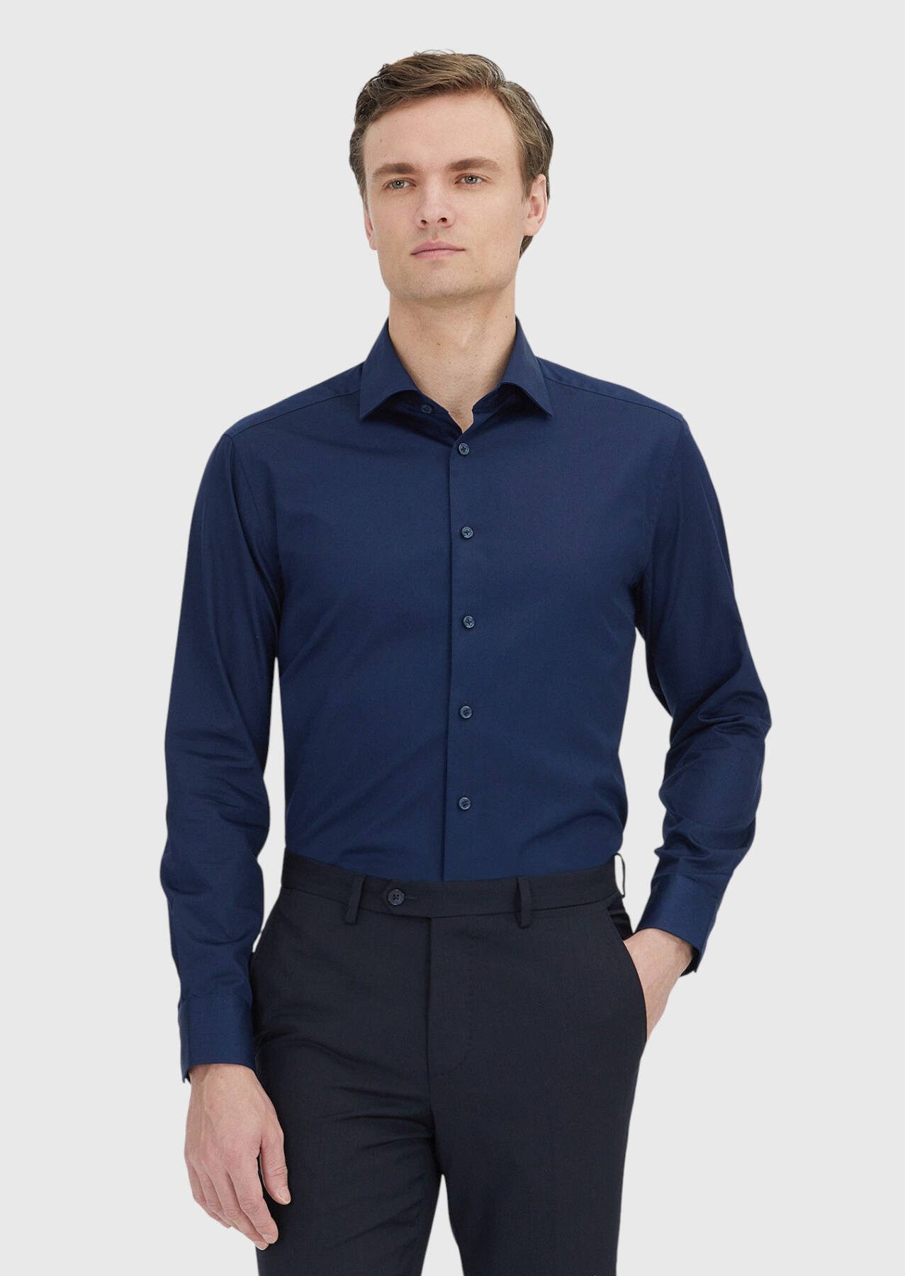 RAMSEY Hemdbluse Marineblaues klassisches Baumwollhemd