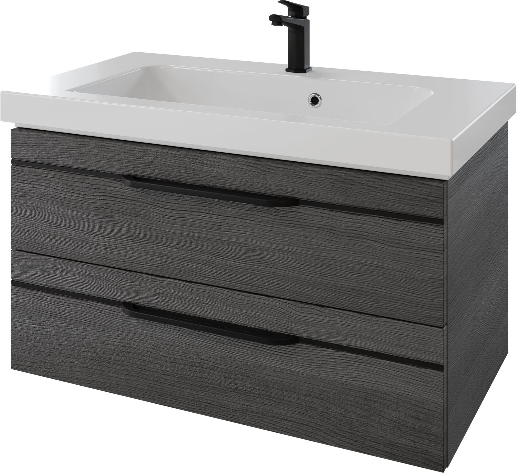 Saphir Badmöbel-Set Balto 2-teilig Mineralmarmor-Waschtisch mit LED-Spiegel, Waschplatz, (2-St), 92 cm breit, mit 2 Schubladen, Badschrank inkl. Schubladendämpfer