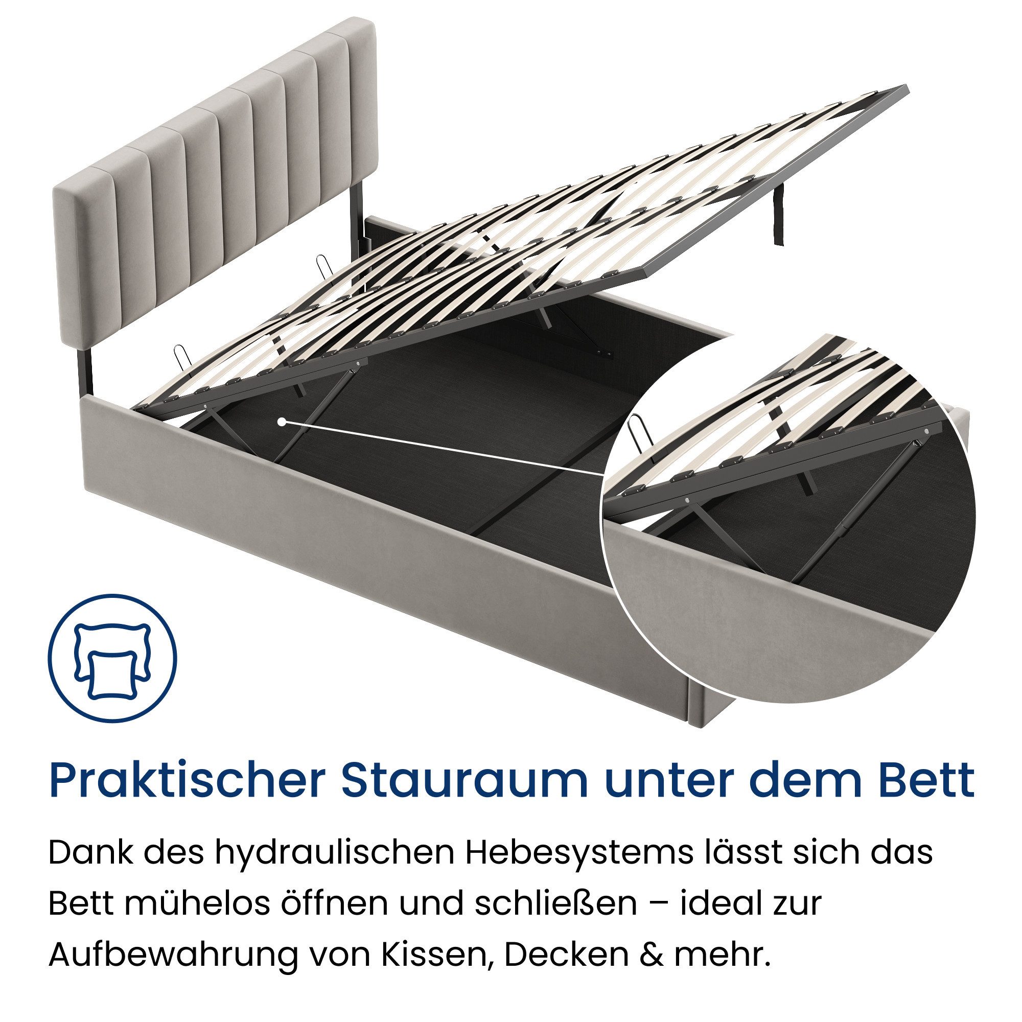 Home Collective Polsterbett mit Stauraum und Lattenrost Doppelbett Gepolstertes Bett (Verfügbare Größen: 140x200 und 160x200 cm), hydraulischer Bettkasten verst – Bild 5 von 5
