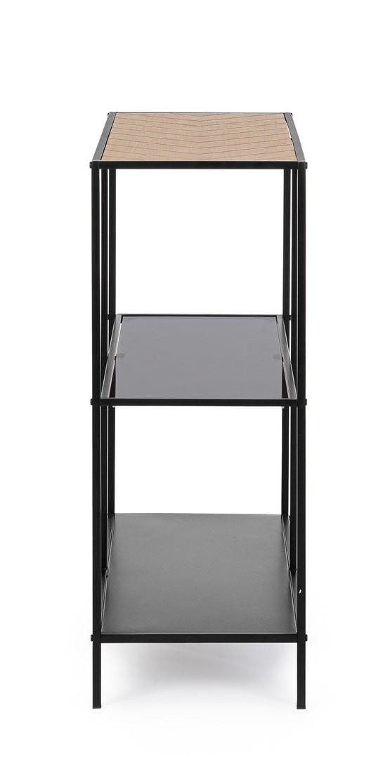 Natur24 Beistelltisch Haldor Konsolentisch 82 x 33 x 85 cm Stahl Glas MDF Gummiholz Schwarz