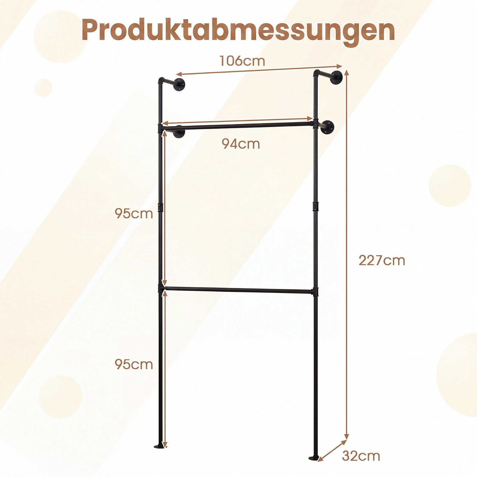 COSTWAY Kleiderständer Wandmontage Metall Garderobenstange mit 2 Stangen, 106x32x227cm – Bild 5 von 5