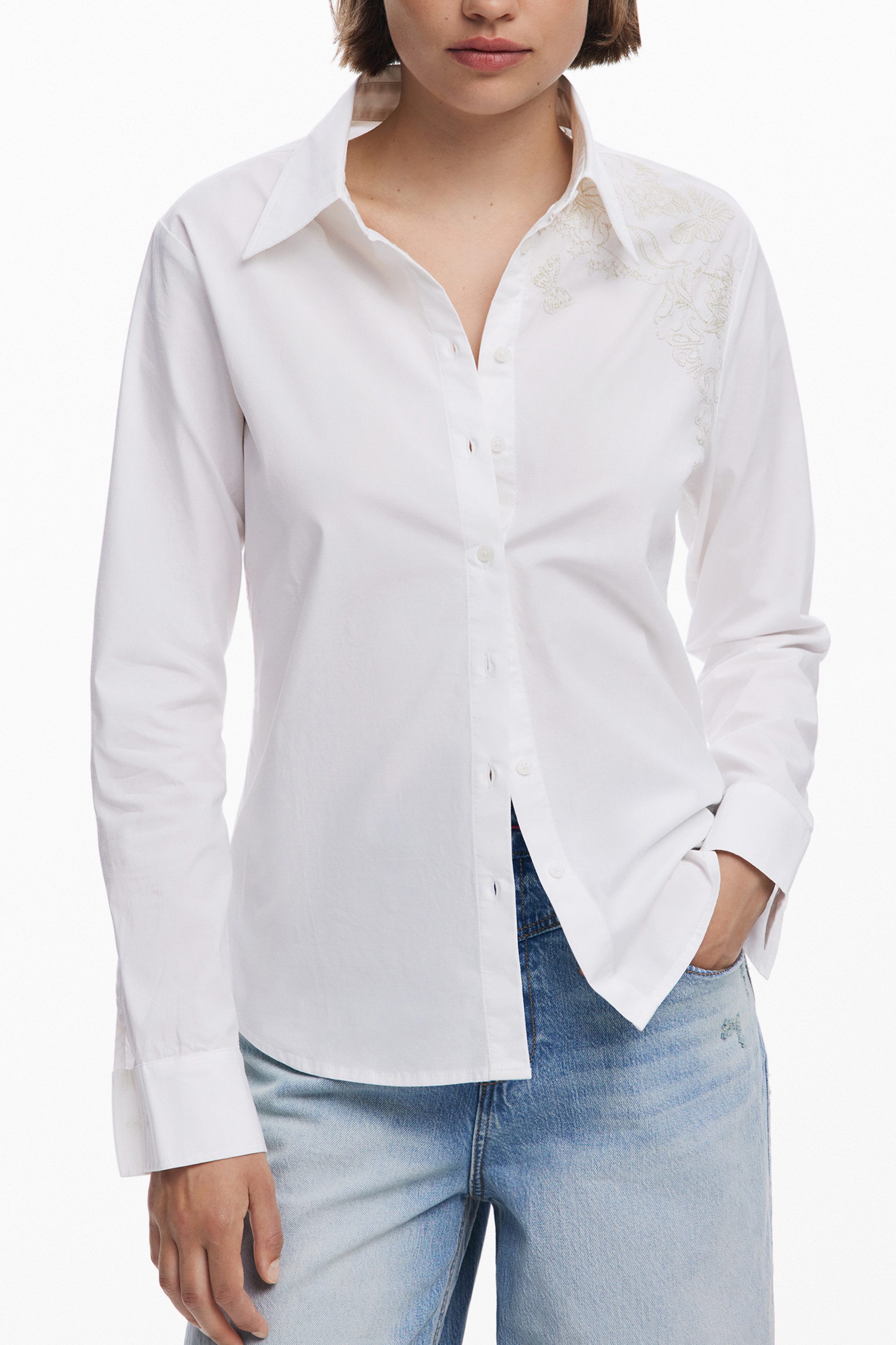 Desigual Blusenshirt Weißes Damen-Langarmhemd mit Stickerei und