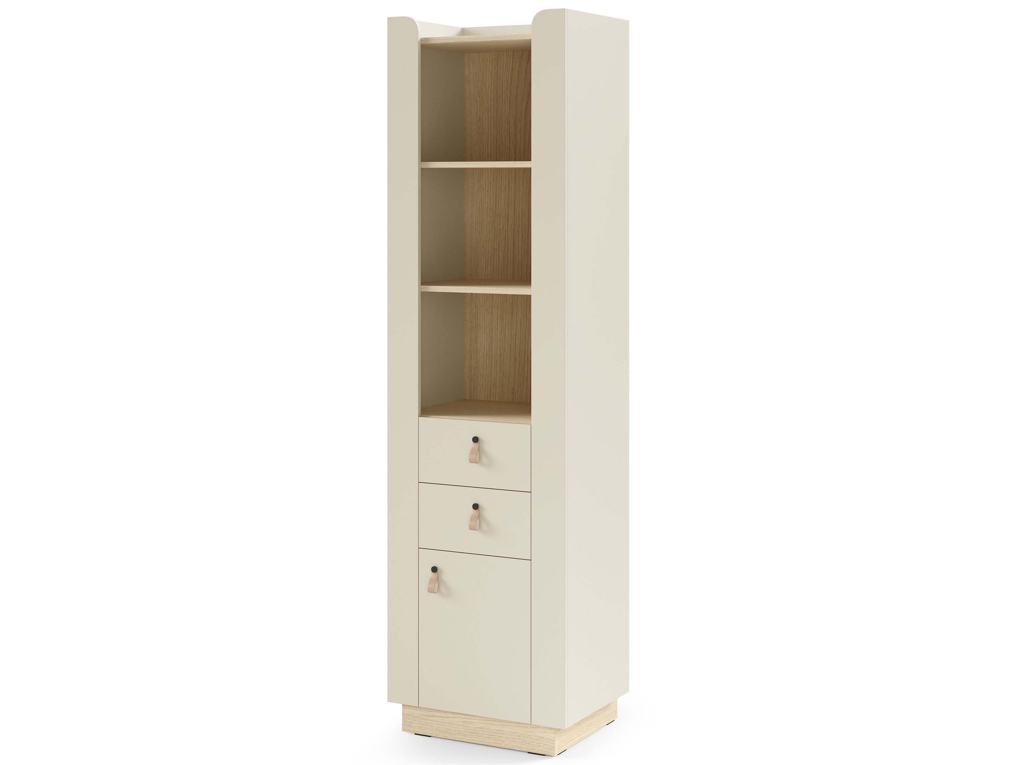Beautysofa Regal SORELLA 1-türig mit 2 Schubladen, geschlossenem Stauraum, Kugelführungen und Designergriffen aus Leder, Porcini oder Macadamia mit Eiche Mavelie