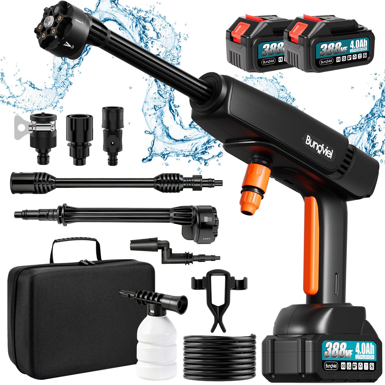 Bundviel Akku-Hochdruckreiniger 21V Akku Hochdruckreiniger Auto Mobiler Druckreiniger Spritzpistole, Druck max: 100 bar, Fördermenge max: 300 l/h