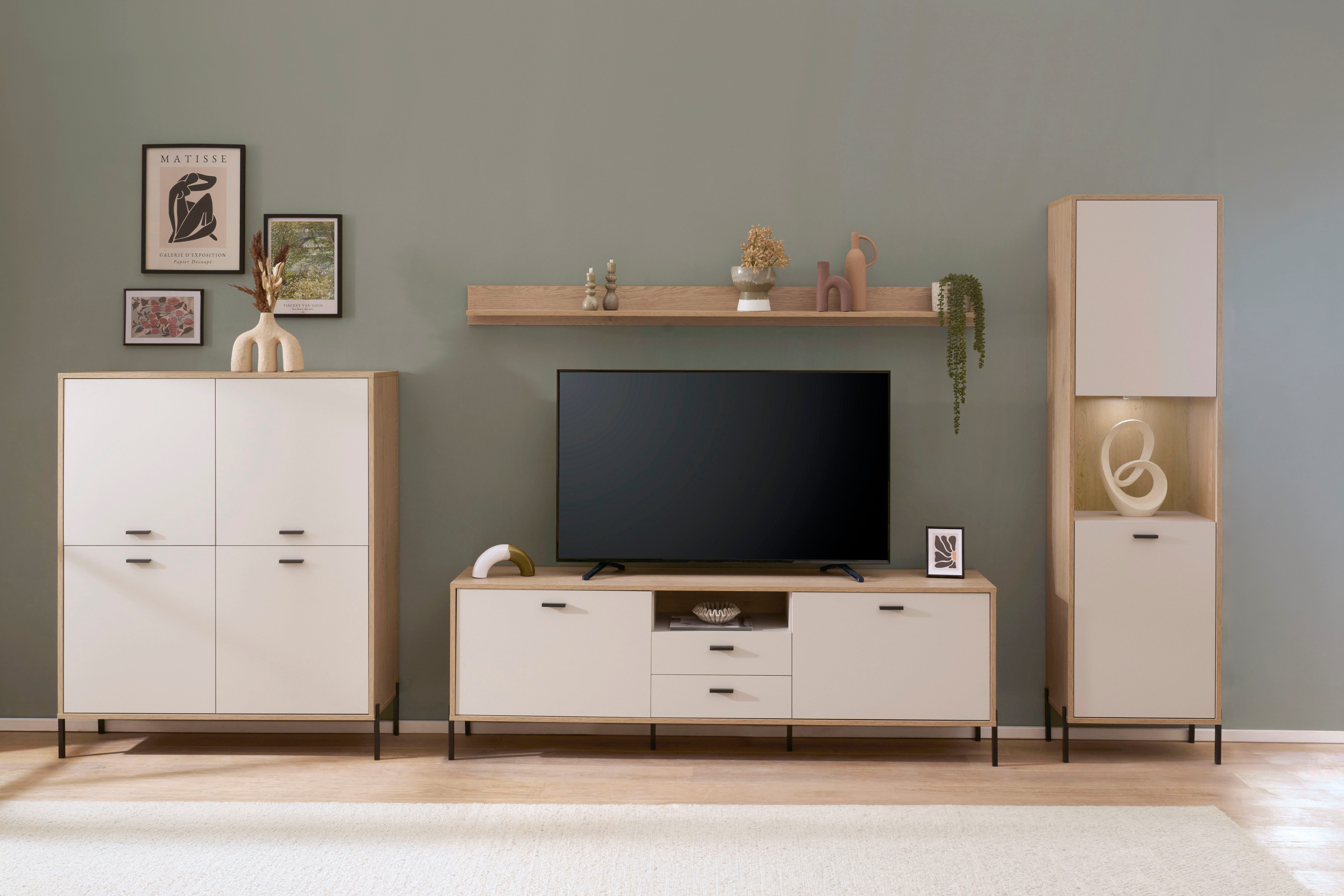 Home affaire Wohnwand Fredericia, moderne Anbauwand, Komplettset in Kaschmir, (Set, 4-St), enthält Vitrine, Lowboard, Highboard und Wandboard, 384 cm breit
