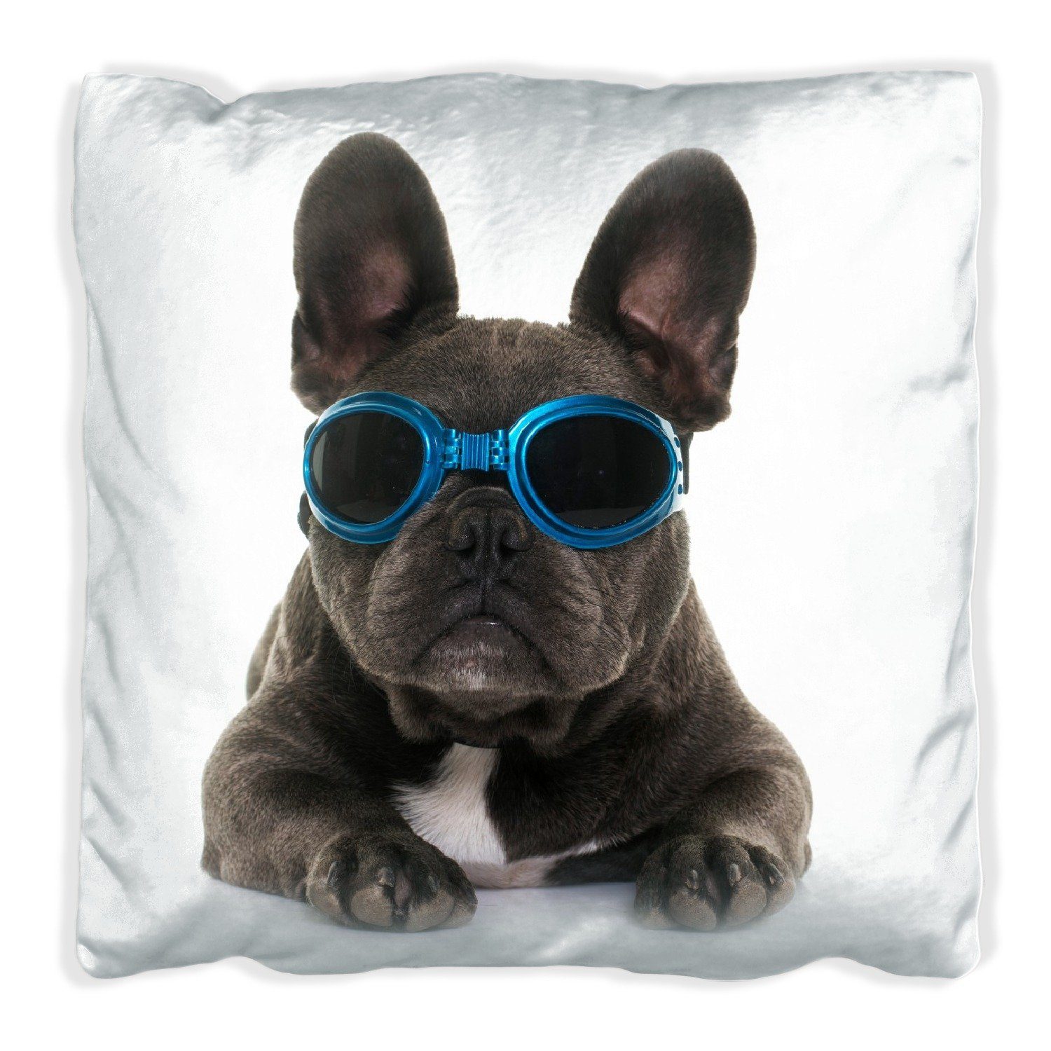 handgenäht - Cooler Hund in Dekokissen Sonnenbrille Bulldogge, Französische blau Wallario mit