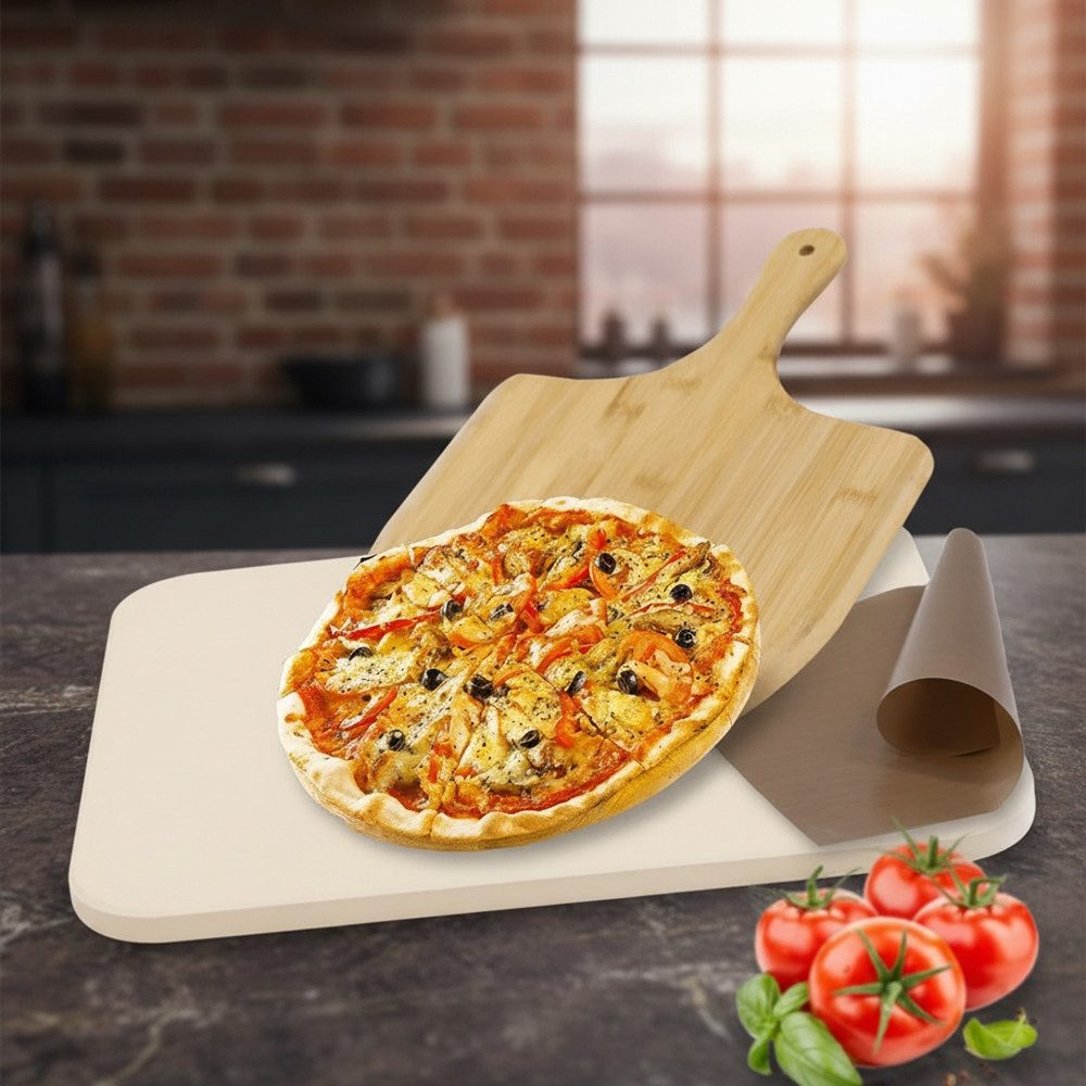 Feel2Home Pizzastein Pizzastein SET 4tlg. Backstein Steinofen Schaufel Rezeptbuch 30x38cm, Cordierit, (Set, 4-St., Backstein aus Cordierit, Schaufel, Rezeptbuch und Backpapier), Geruchlos nicht verformend