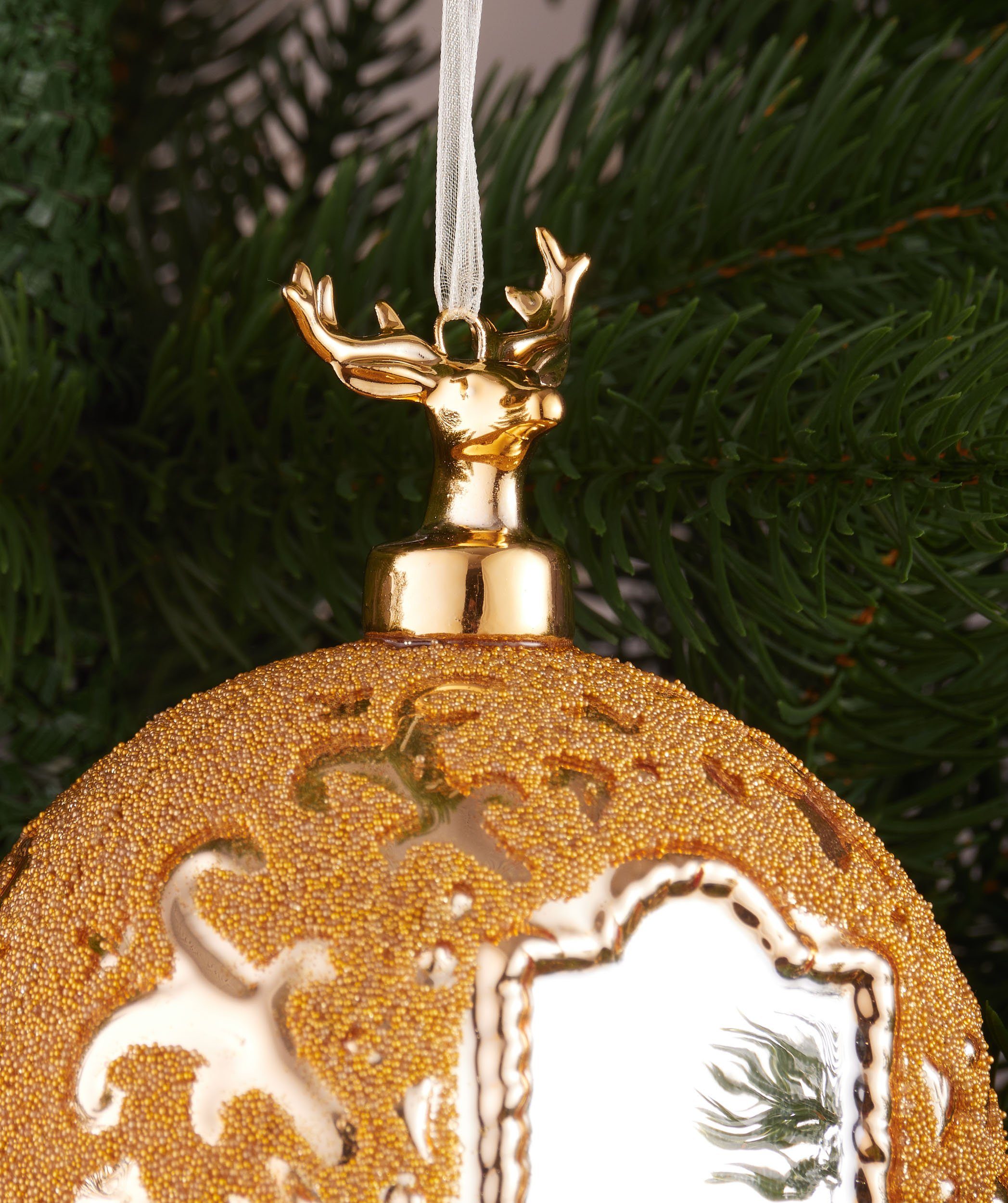 Weihnachtsbaumkugel Glas BRUBAKER - Gold Weihnachtskugel mit Christbaumkugel Handarbeit und Hirsch Spiegel Muster Figur St), (1 - 10 Royal cm mit Premium - Deer Baumkugel