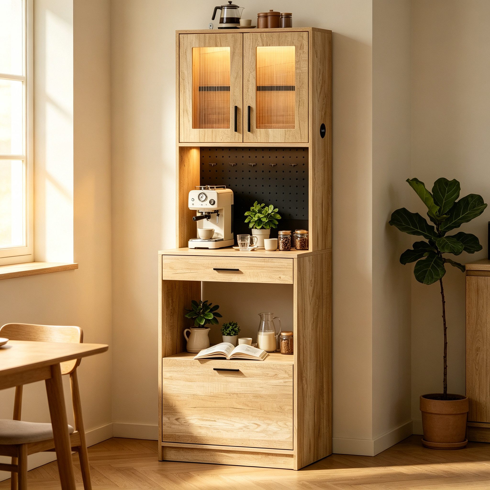 FUFU&GAGA Küchenbuffet 60-160cm Küchenschrank Standschrank, Weiß/Eiche – Bild 2 von 5