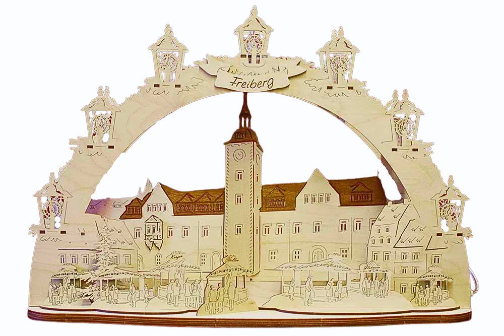 DeColibri LED Schwibbogen 3D LED Schwibbogen Freiberg Rathaus - Holzkunst Sachsen - m. Netzkabel, Holzkunst aus Sachsen, beleuchtet