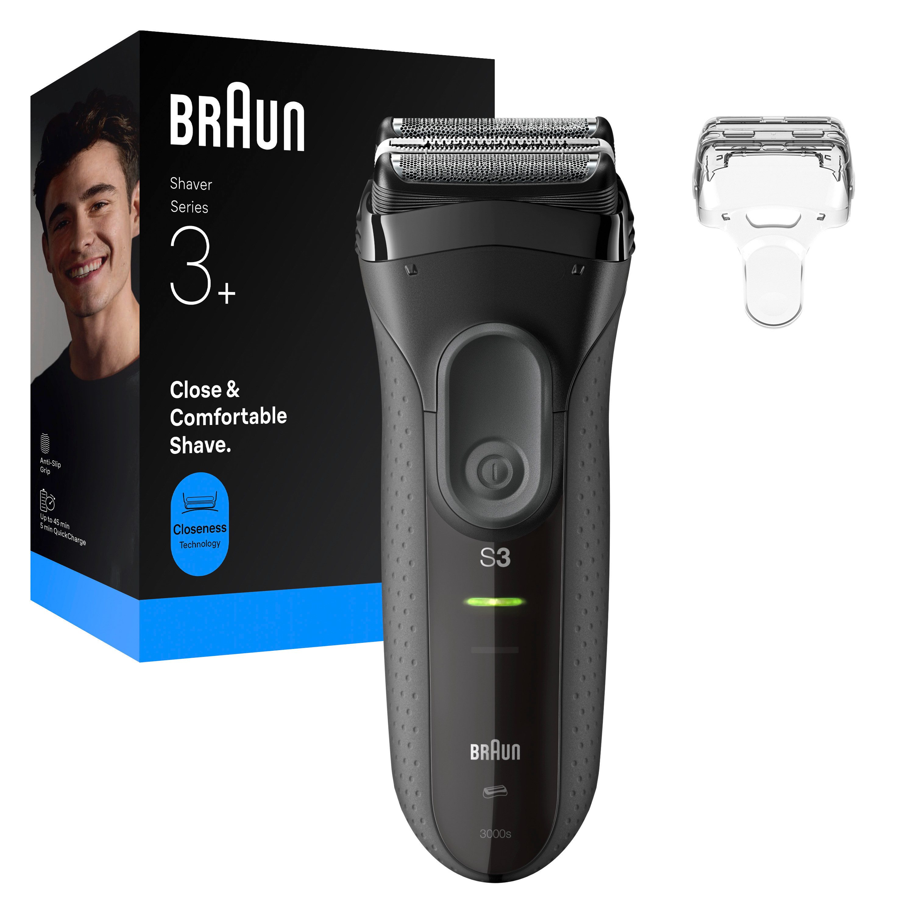 Braun Elektrorasierer Series 3+ 3000s, 3 flexible Klingen, effizienter MicroComb Mitteltrimmer