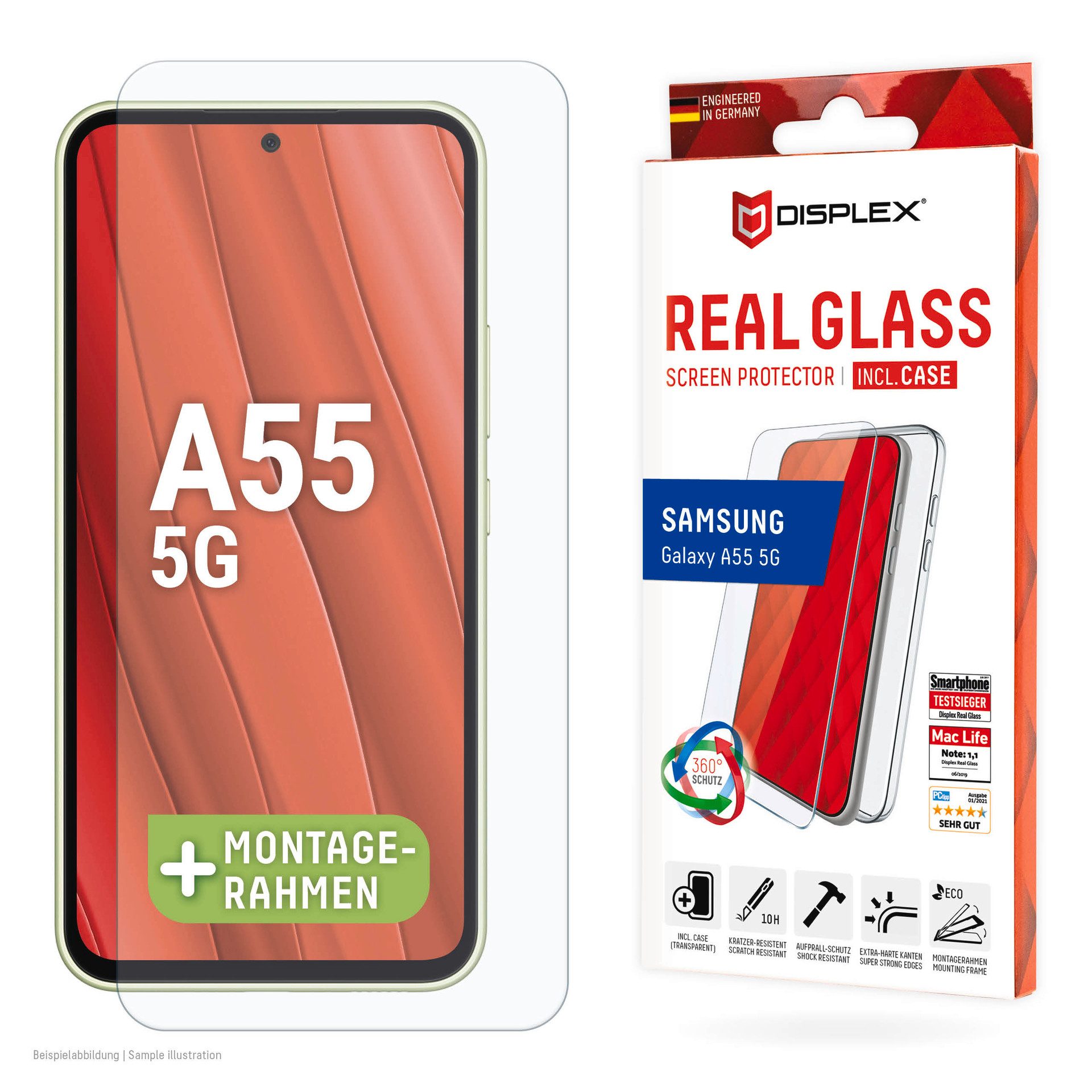 Displex Real Glass + Case für Samsung Galaxy A55 5G, Displayschutzglas, 1 Stück, Bildschirmschutz, Displayschutzfolie,Einfach anbringen,kratz-&stoßfest