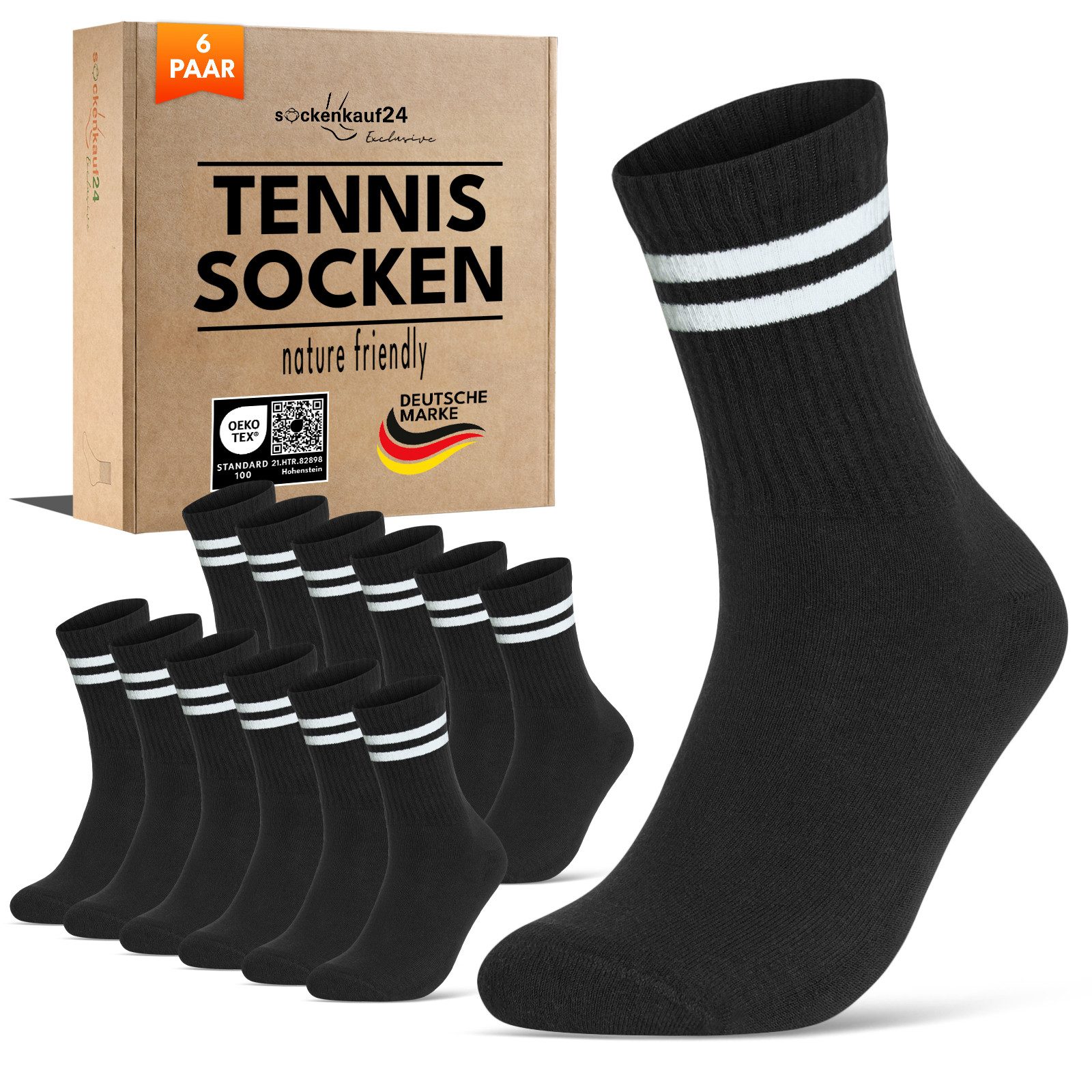 sockenkauf24 Tennissocken Herren Sportsocken Premium Retro Crew Носки (6-Paar) verstärkte Ferse & Fußspitze, gepolsterte Sohle, gekämmte Baumwolle