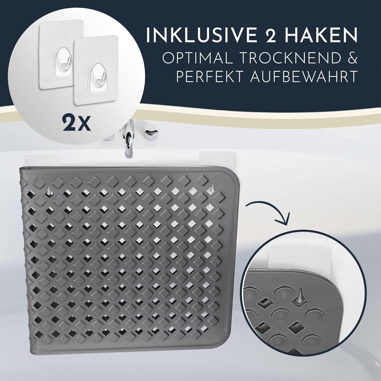 Homerella Badematte rutschfest Hautsensitiv 88x39cm, INKL. AUFHÄNGUNG, Antirutschmatte Badewanne BPA frei, Duschmatte schimmelresistent & maschinenwaschbar – Bild 3 von 5