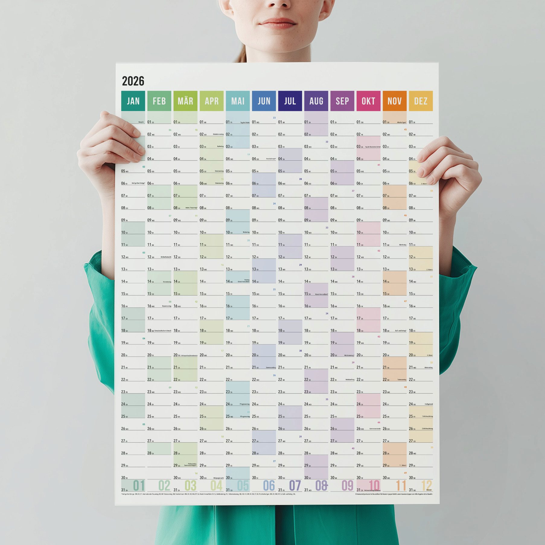 heaven+paper Jahresplaner A2 Wandplaner gerollt 2026 Rainbow Hochformat, hochwertig, Hergestellt in Deutschland