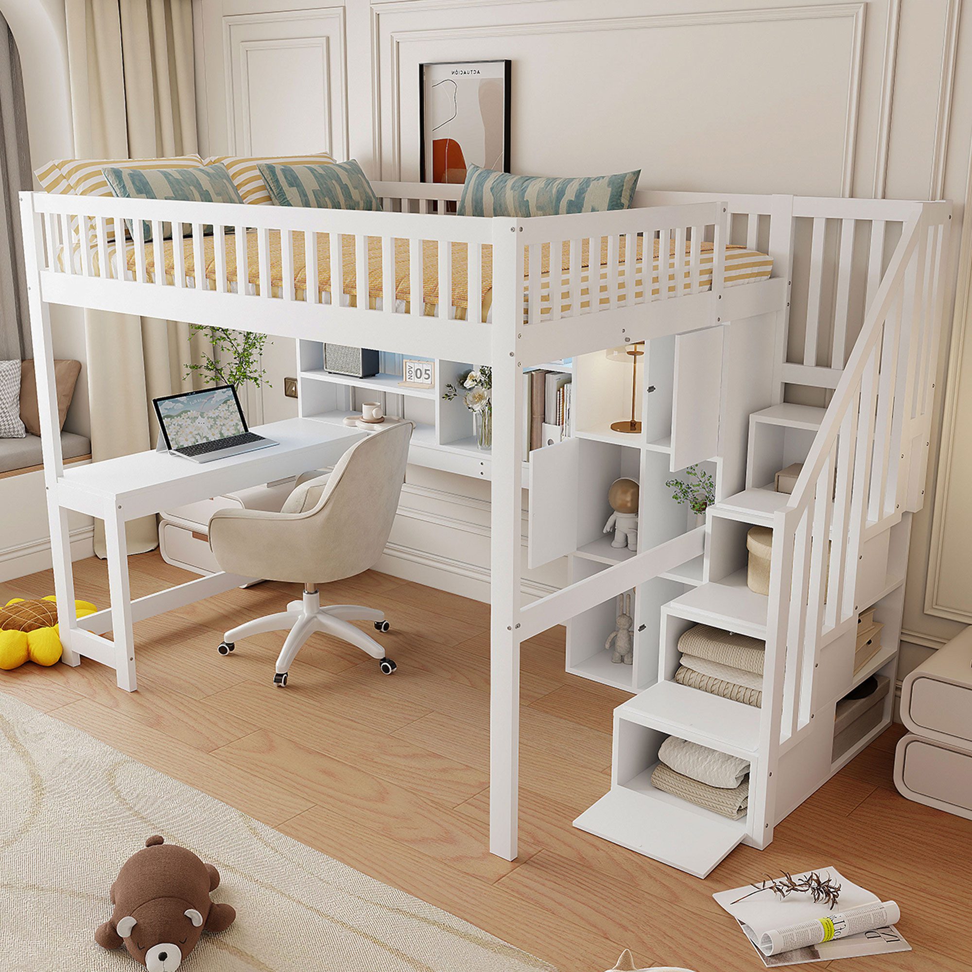 Merax Hochbett 140x200cm mit LED-Beleuchtung (1-St., Jugendbett Einzelbett Stockbett aus Kiefernholz/MDF) Kinderbett mit Stauraumtreppe, Regalen, Ablagefächern  – Bild 4 von 5