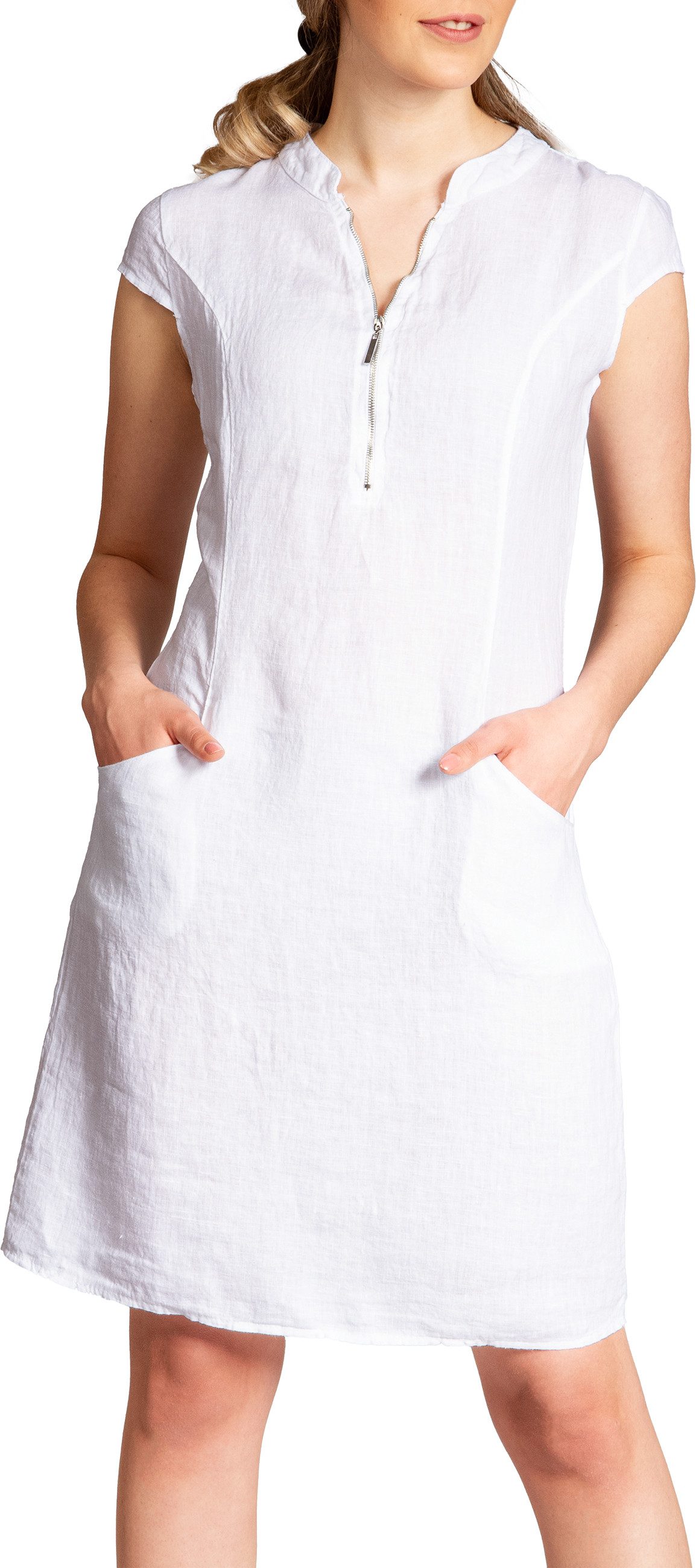 Sommerkleid SKL040 knielanges Damen Leinenkleid mit Reißverschluss Ausschnitt