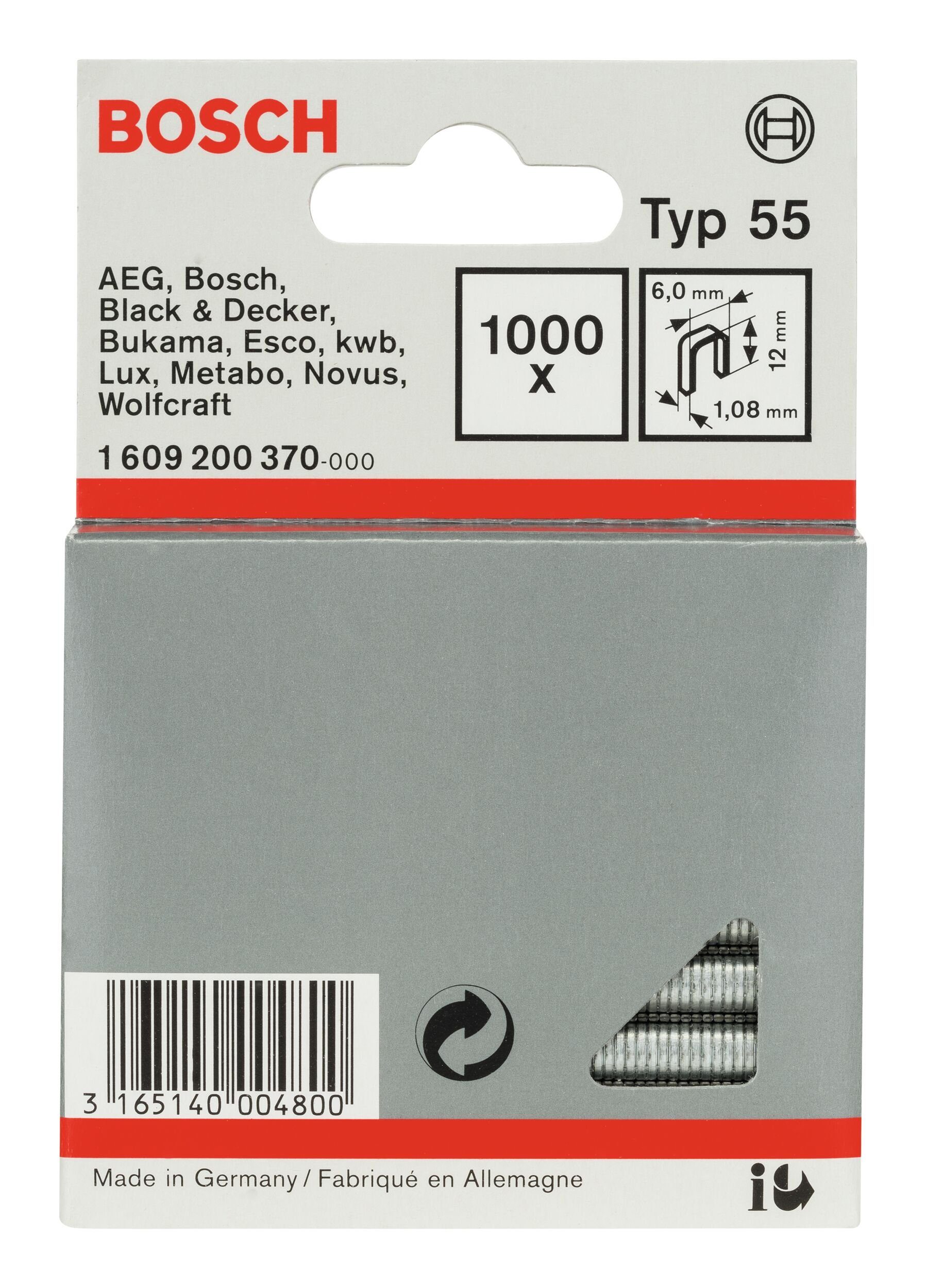 BOSCH Tackerklammer, Typ 55 Schmalrückenklammer - 1,08 x 12 x 6 mm - 1000er-Pack