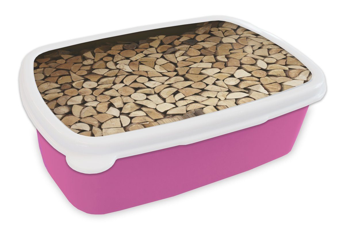 MuchoWow Lunchbox Brennholz im Lager, Kunststoff, (2-tlg), Brotbox für Erwachsene, Brotdose Kinder, Snackbox, Mädchen, Kunststoff rosa