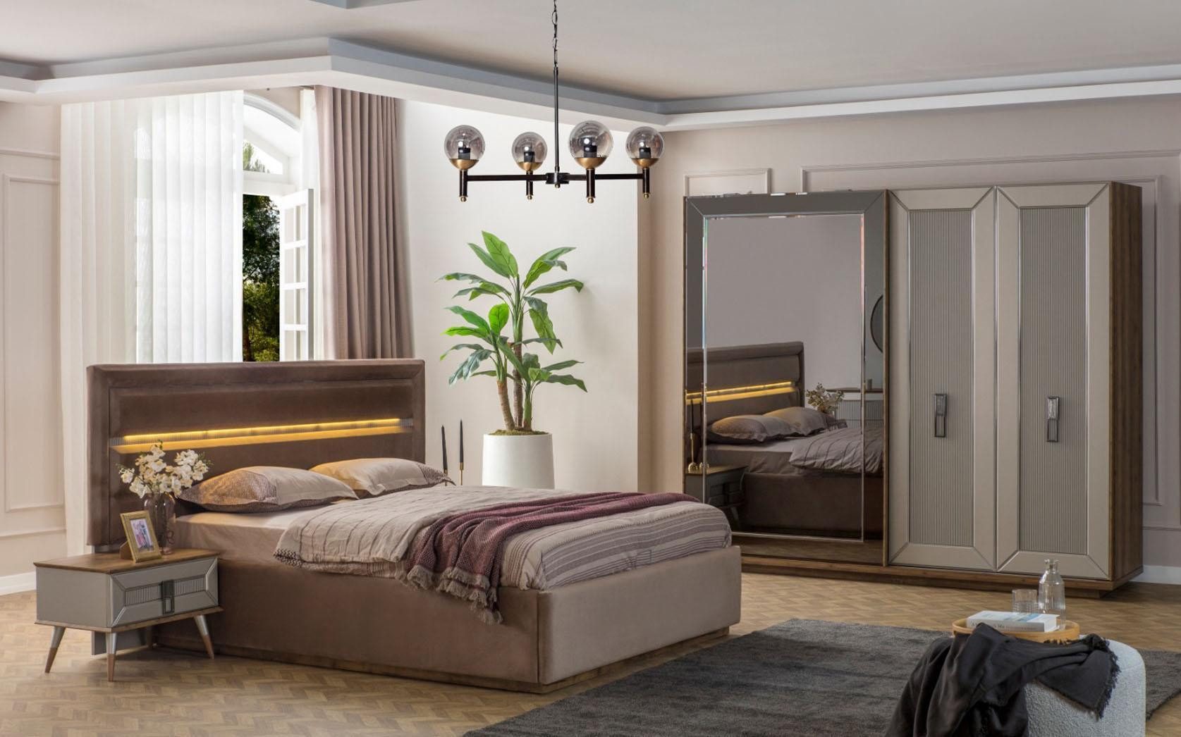 Schlafzimmer-Set Beige Schlafzimmer Garnitur Modernes Doppelbett Glas Kleiderschrank