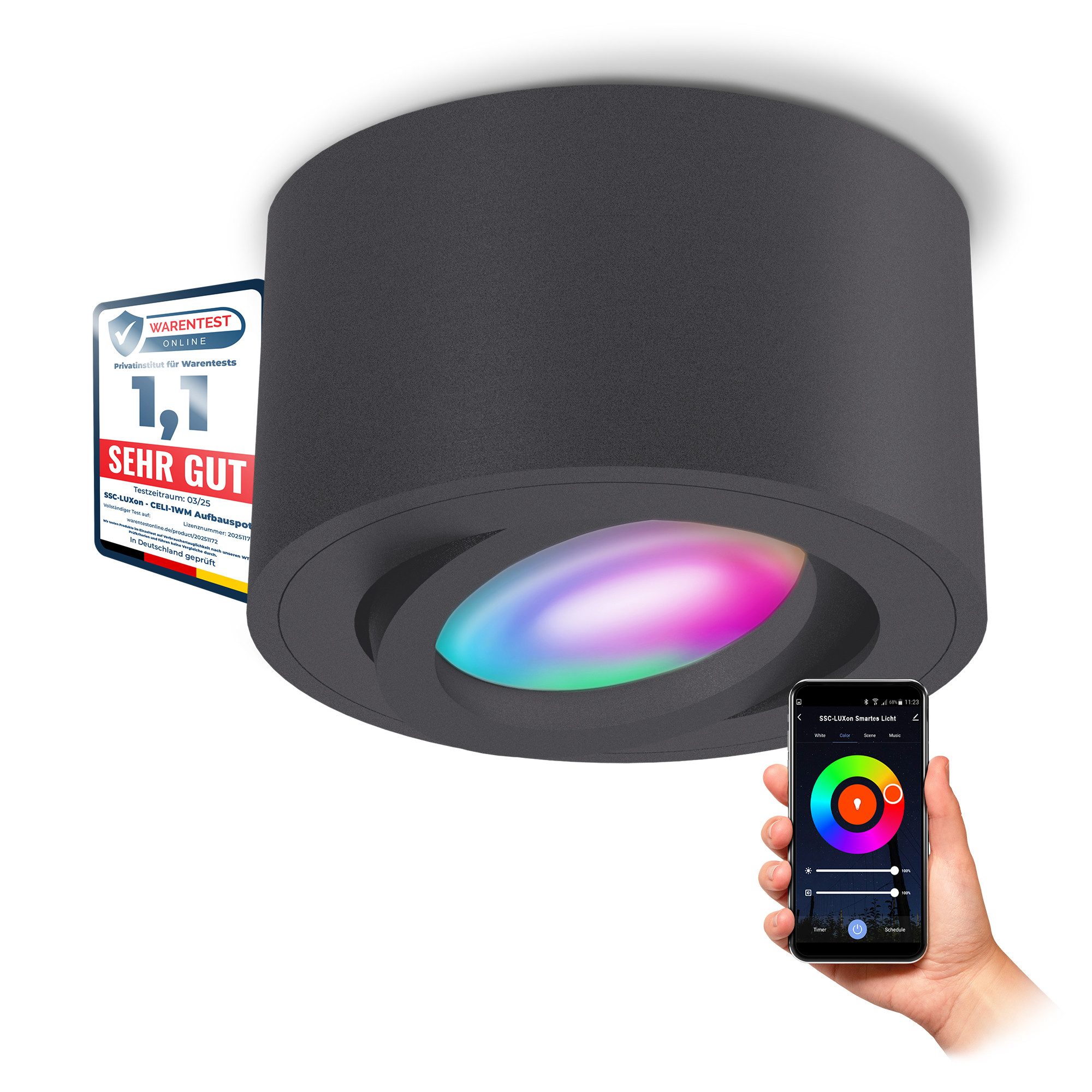 SSC-LUXon LED Aufbaustrahler CELI-1N Aufbauspot flach anthrazit schwenkbar mit Smart Wifi RGB LED, RGB & Weißtöne