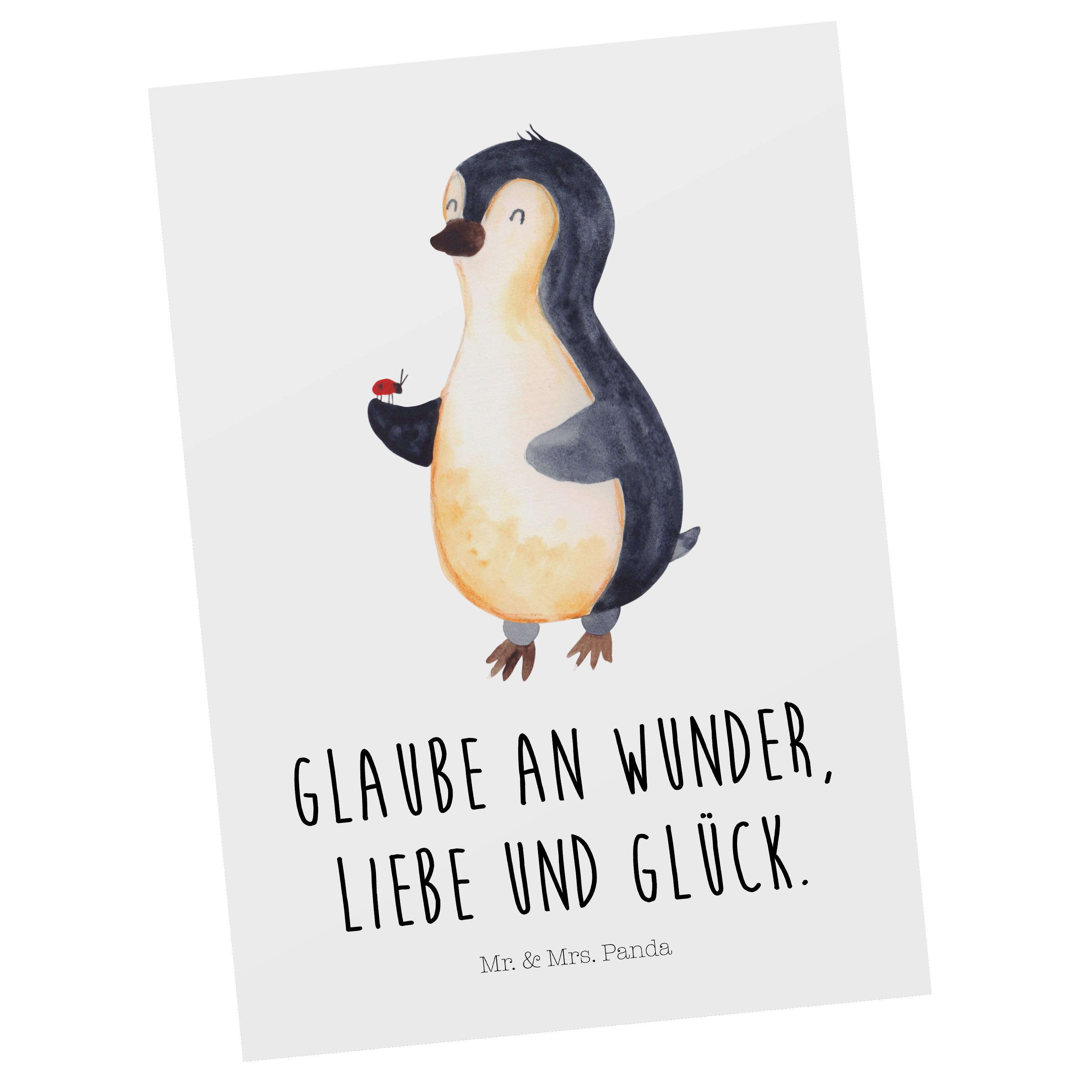 Mr. & Mrs. Panda Postkarte Pinguin Marienkäfer - Weiß - Geschenk, Grußkarte, Karte, Geschenkkart