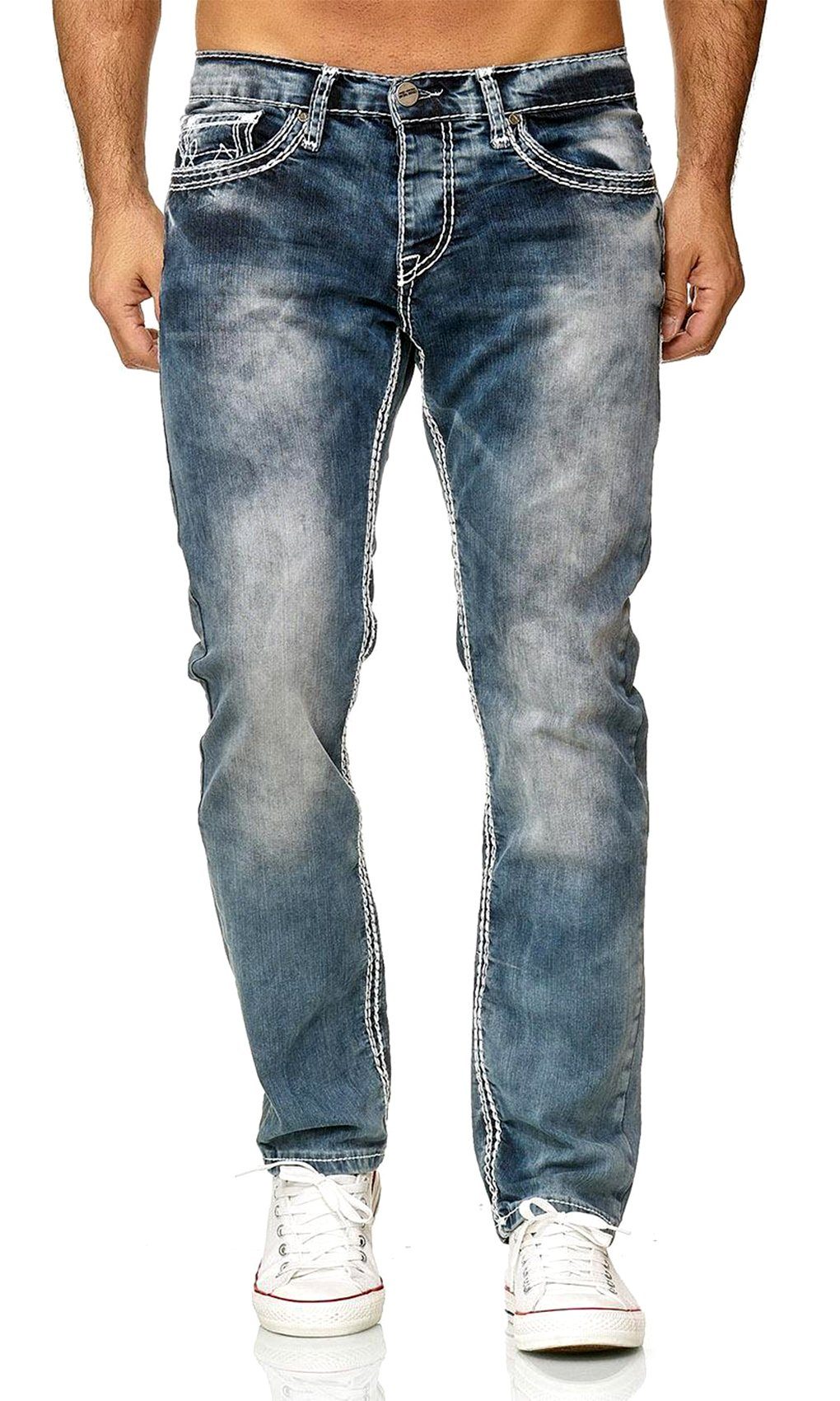 Baxboy Regular-fit-Jeans Herren Straight Denim Neon-Naht Jeans Stretch Blau(Weiss) Dicke Fit Stonewashed 9574