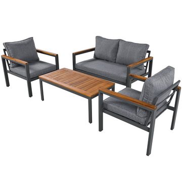 Ulife Gartenlounge-Set 4-teiliges Esstisch-Set,Akazienholz Tischplatte und Armlehnen, (4-tlg), 1x 2-Sitzer-Sofa, 2x Einzelstühle, 1x Tisch