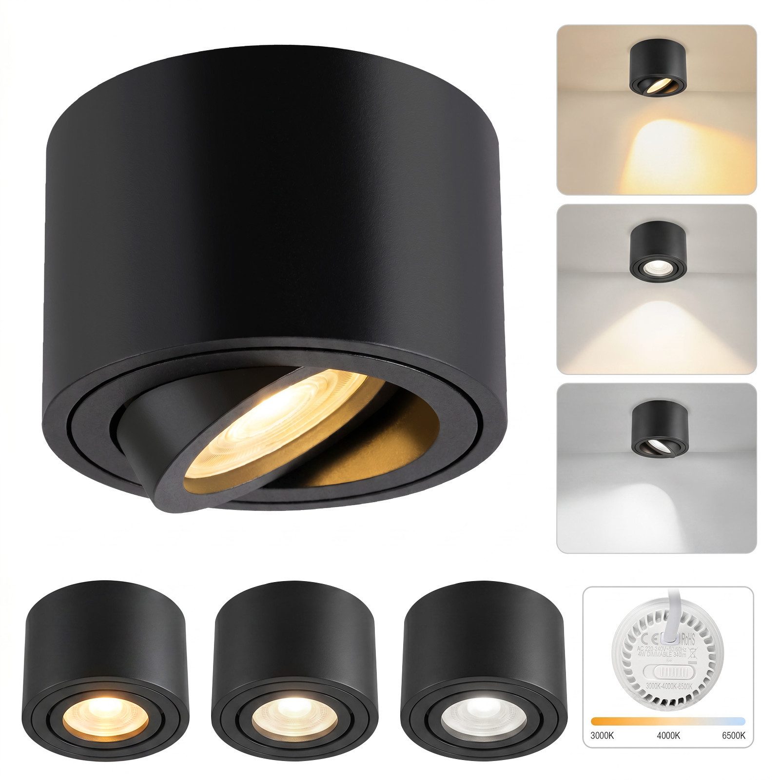ZMH LED Einbaustrahler 4er-Set weiß 4W dimmbar schwenkbar Aufbauspot 3CCT Deckenspots, Schwenkbar, LED fest integriert, Aufputz-Deckenleuchte