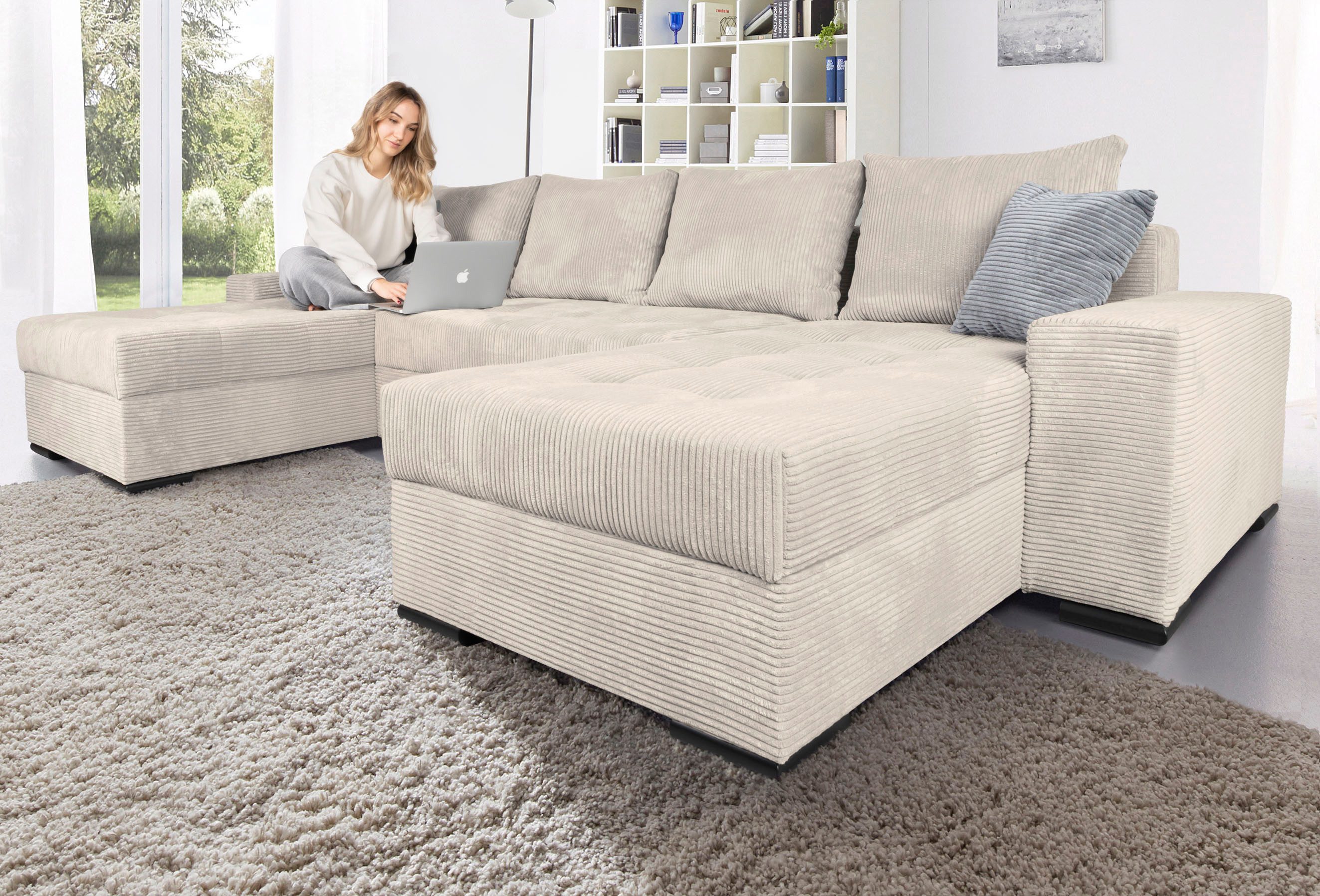 COLLECTION AB Wohnlandschaft Josy XL U-Form, B: 313 cm in Cord, Cord-Mix, mit Bettfunktion, Bettkasten & 2 Zierkissen, Federkern