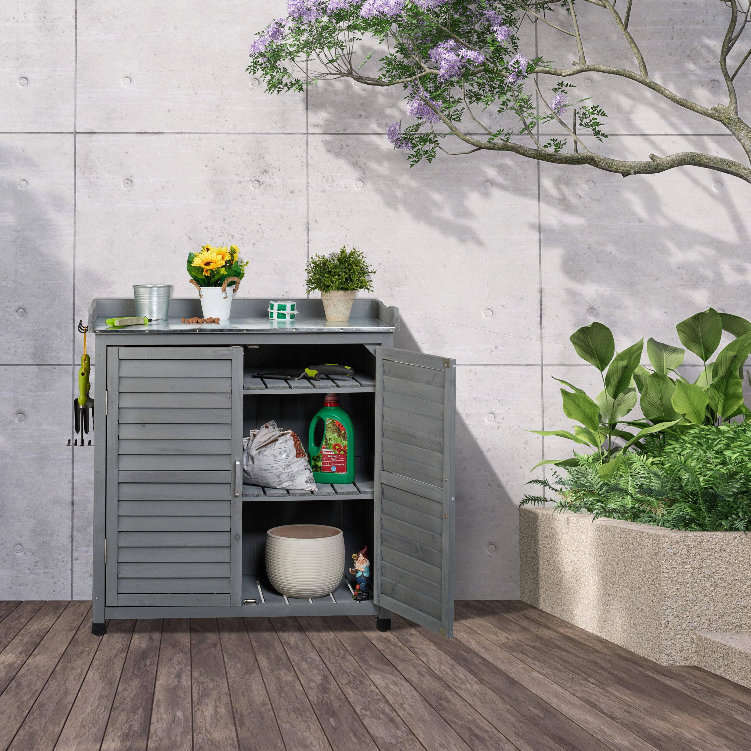 relaxdays Pflanztisch mit Unterschrank, grau