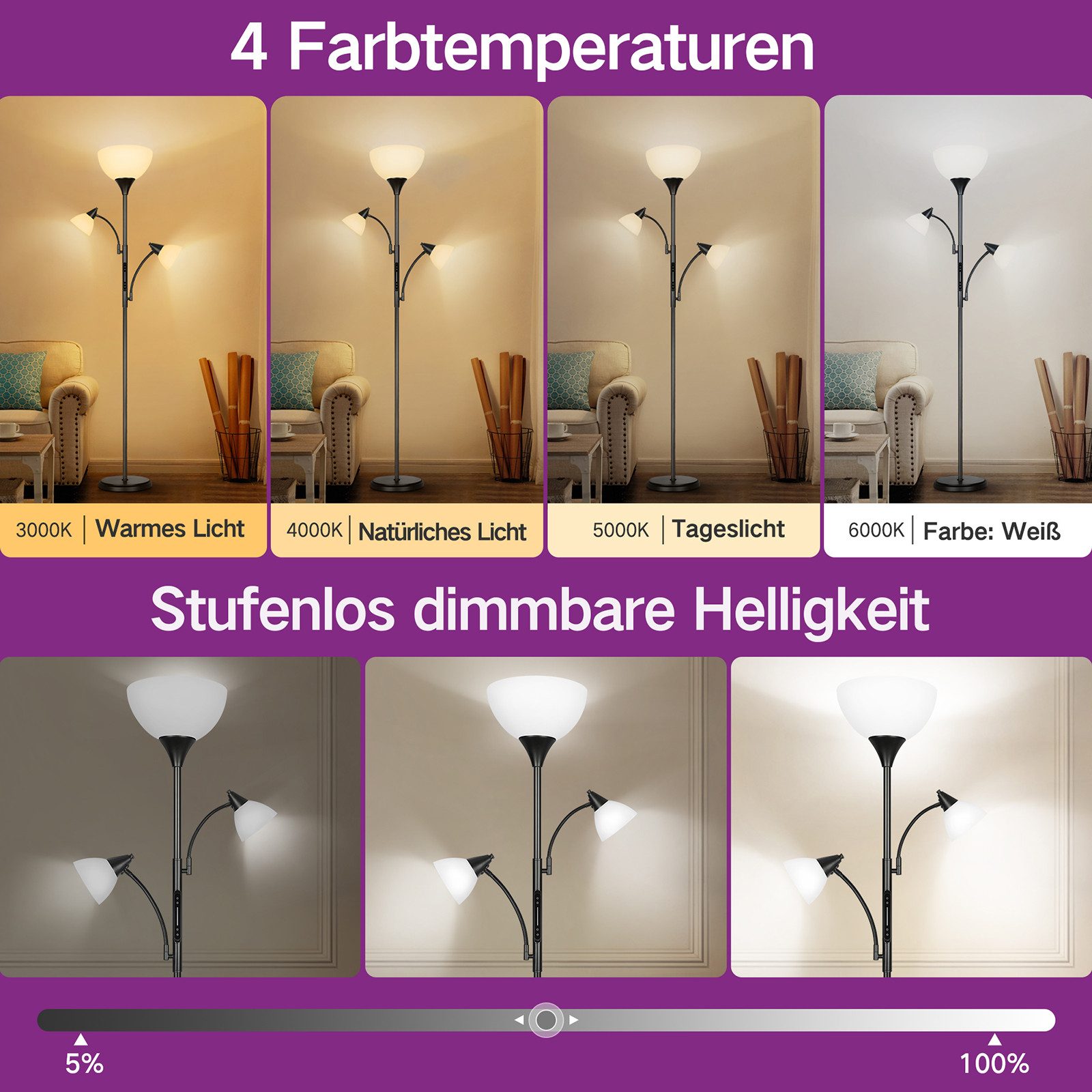 OUTON LED Stehlampe Stehlampe 3-armig, dimmbar, günstig online kaufen