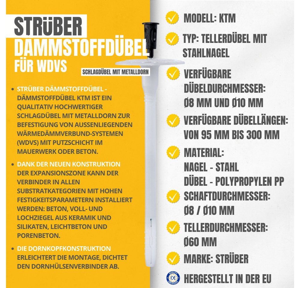 Thumbnail - STRÜBER Schrauben- und Dübel-Set Dämmstoffdübel mit Metalldorn + Mineralwolle Rondelle + Metall Fräser