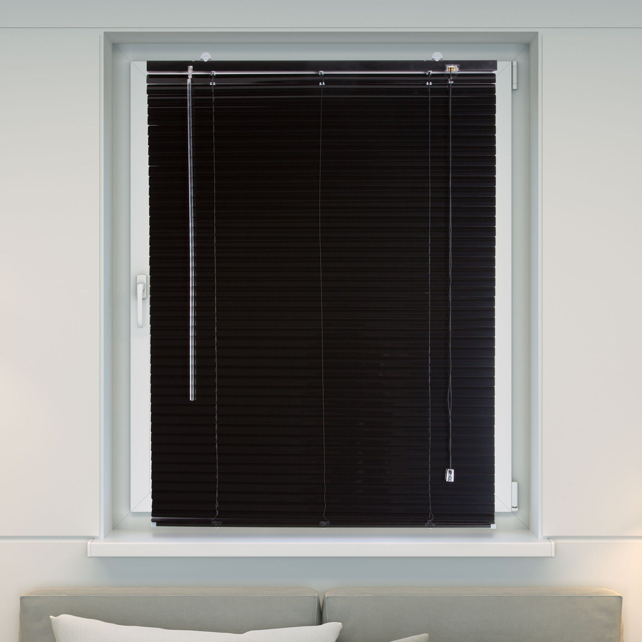 Victoria M. Jalousie Aluminium Jalousie, 40 x 130 cm, schwarz glänzend, mit Bohrenohne Bohren, freihängend, Sicht- Licht- und Blendschutz, inkl. Klemmclips