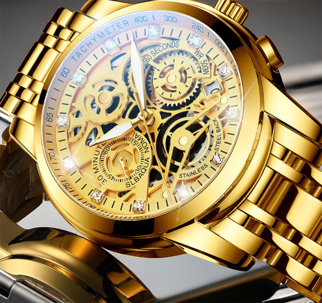 Housruse Mechanische Uhr Mechanische Business-Uhr, reife Herren  Automatikuhr, goldenes Stahlband