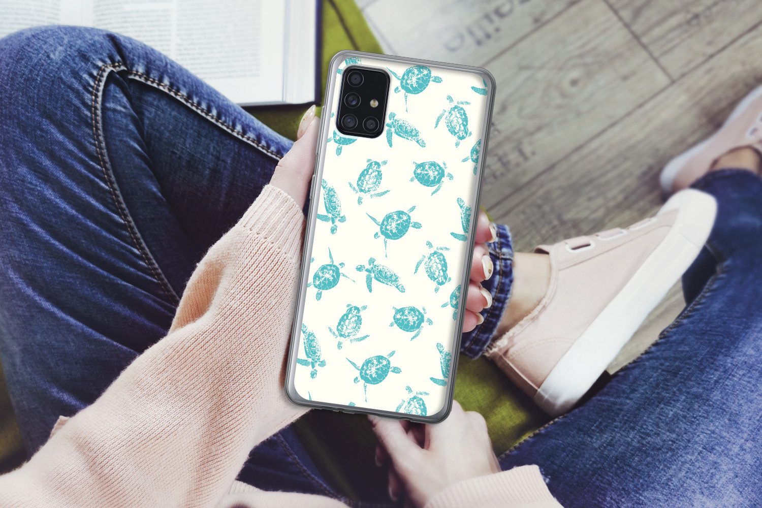 MuchoWow Handyhülle für Samsung Galaxy A52 5G Schildkröten - Muster - Weiß - Blau, Smartphone-Bumper, Print, Handy Schutzhülle Dünn